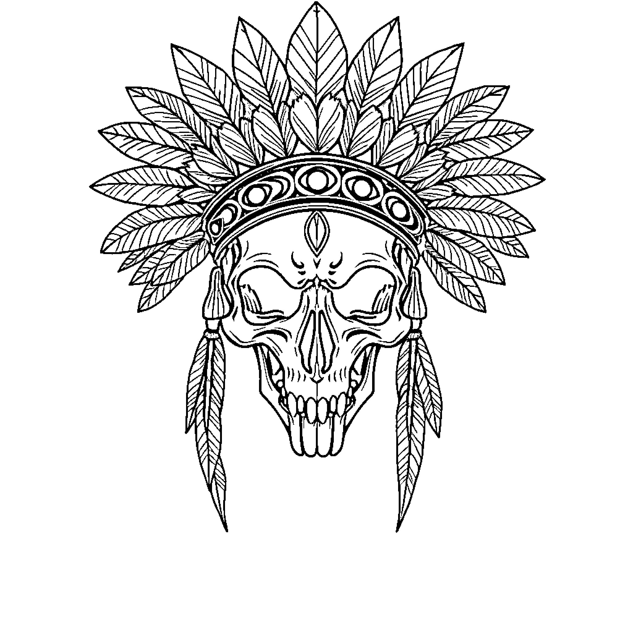 Skull in Native American Headdress Coloring Page (free black-and-white line drawing printable PDF for all, from beginners to advanced learners, including children, teens, adults, and seniors)