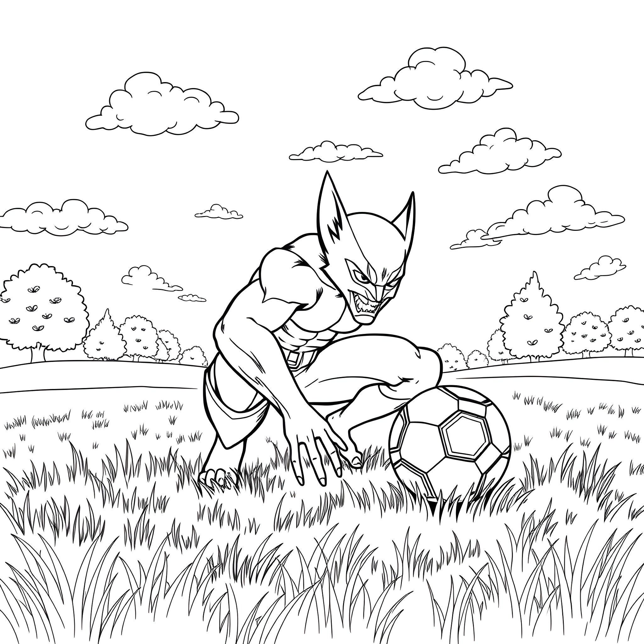 Wolverine playing with a soccer ball in a field Coloring Page (free black-and-white line drawing printable PDF for all, from beginners to advanced learners, including children, teens, adults, and seniors)