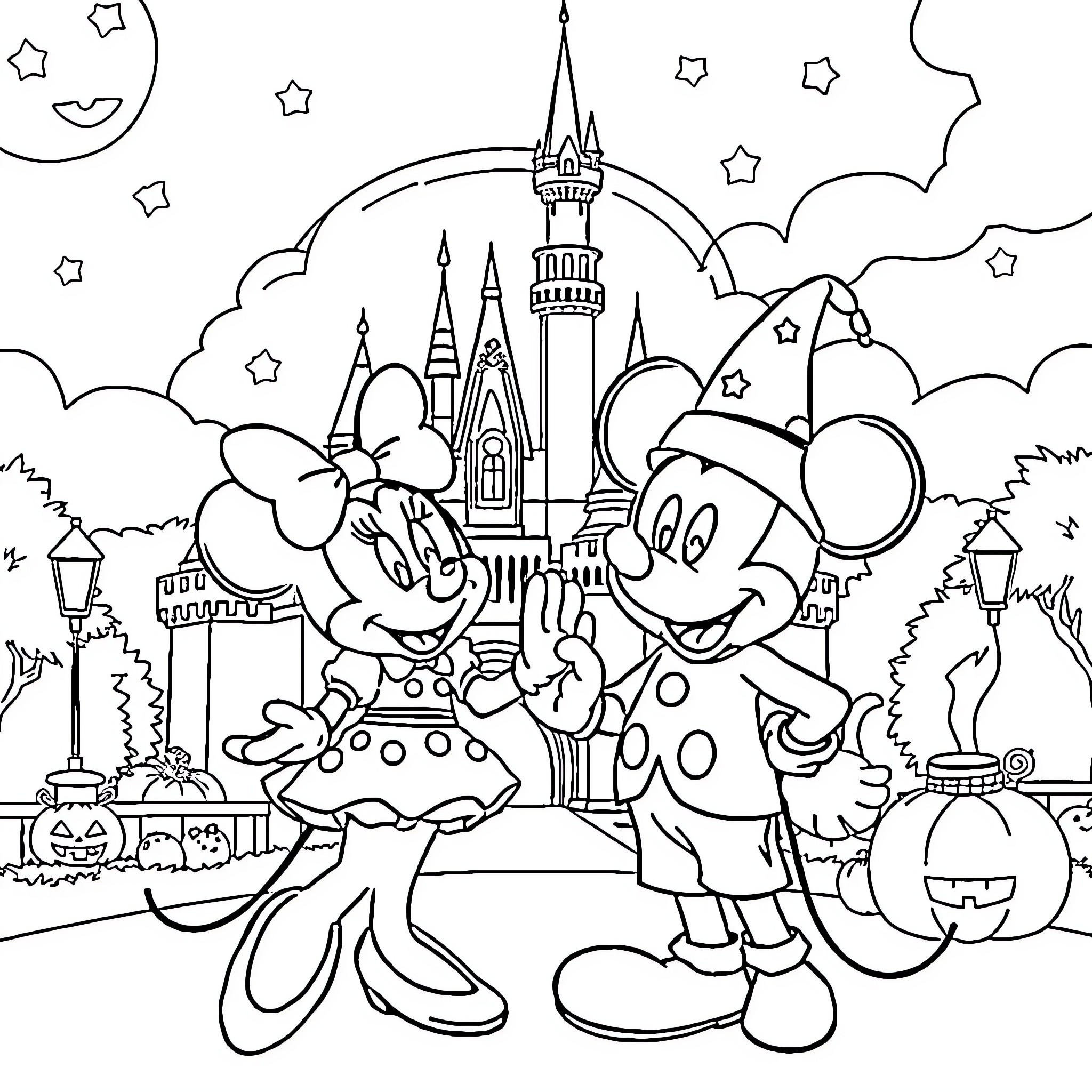Mickey Mouse and Minnie Mouse at Magic Castle Coloring Page (free black-and-white line drawing printable PDF for all, from beginners to advanced learners, including children, teens, adults, and seniors)