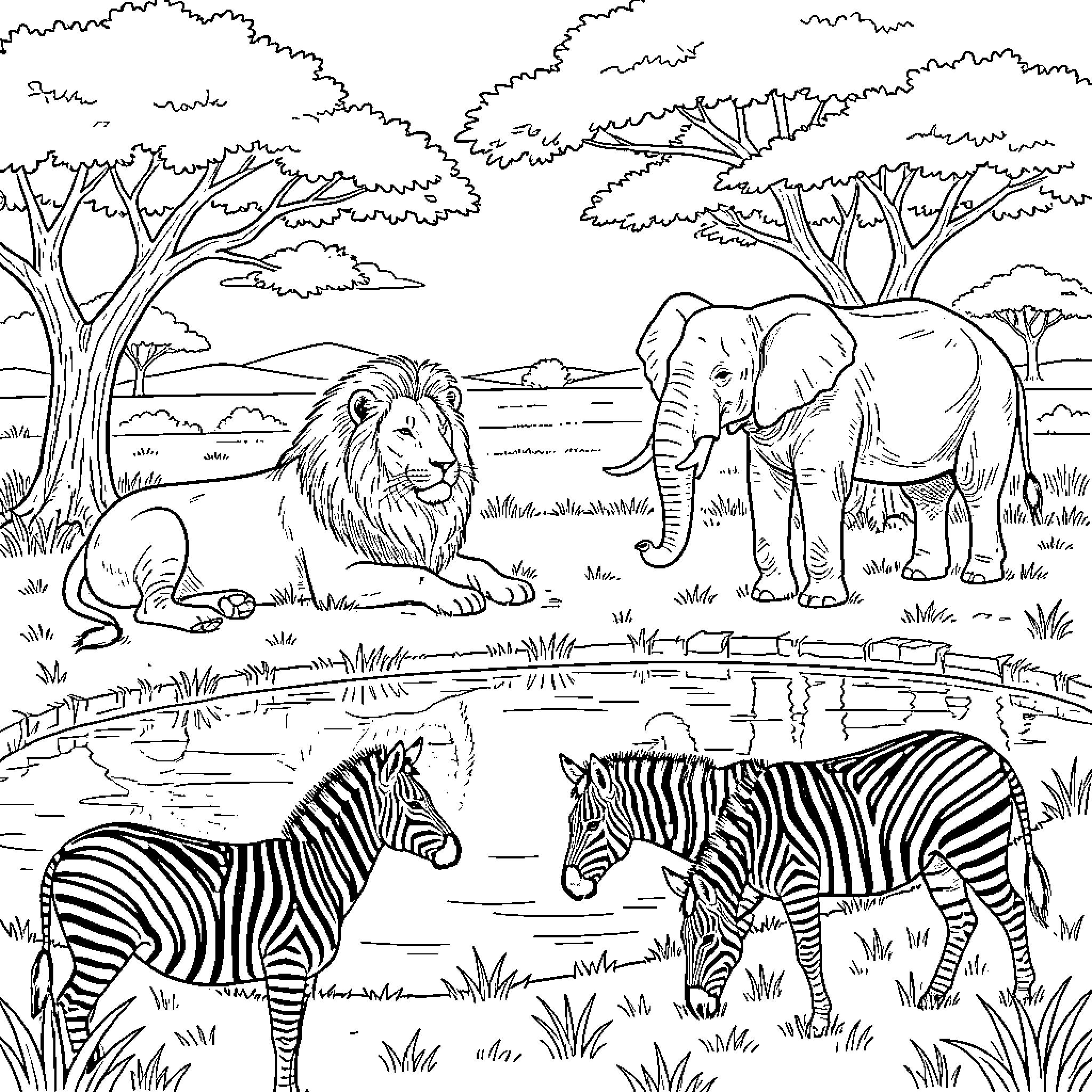 Safari Animal Scenic Landscape with Wildlife Coloring Page (free black-and-white line drawing printable PDF for all, from beginners to advanced learners, including children, teens, adults, and seniors)