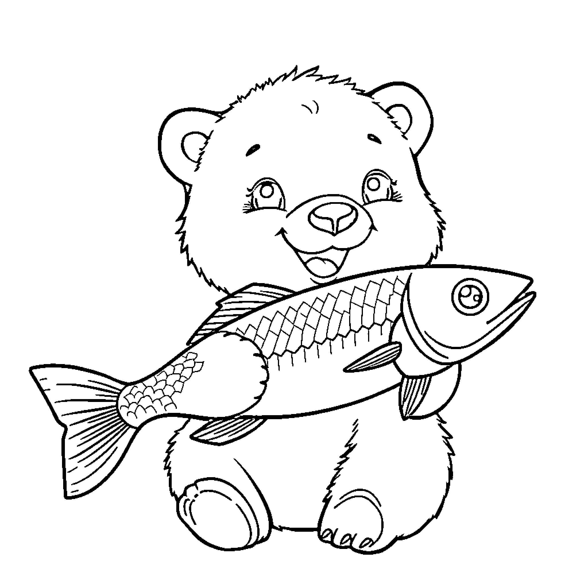 Polar Bear holding a Fish Coloring Page (free black-and-white line drawing printable PDF for all, from beginners to advanced learners, including children, teens, adults, and seniors)