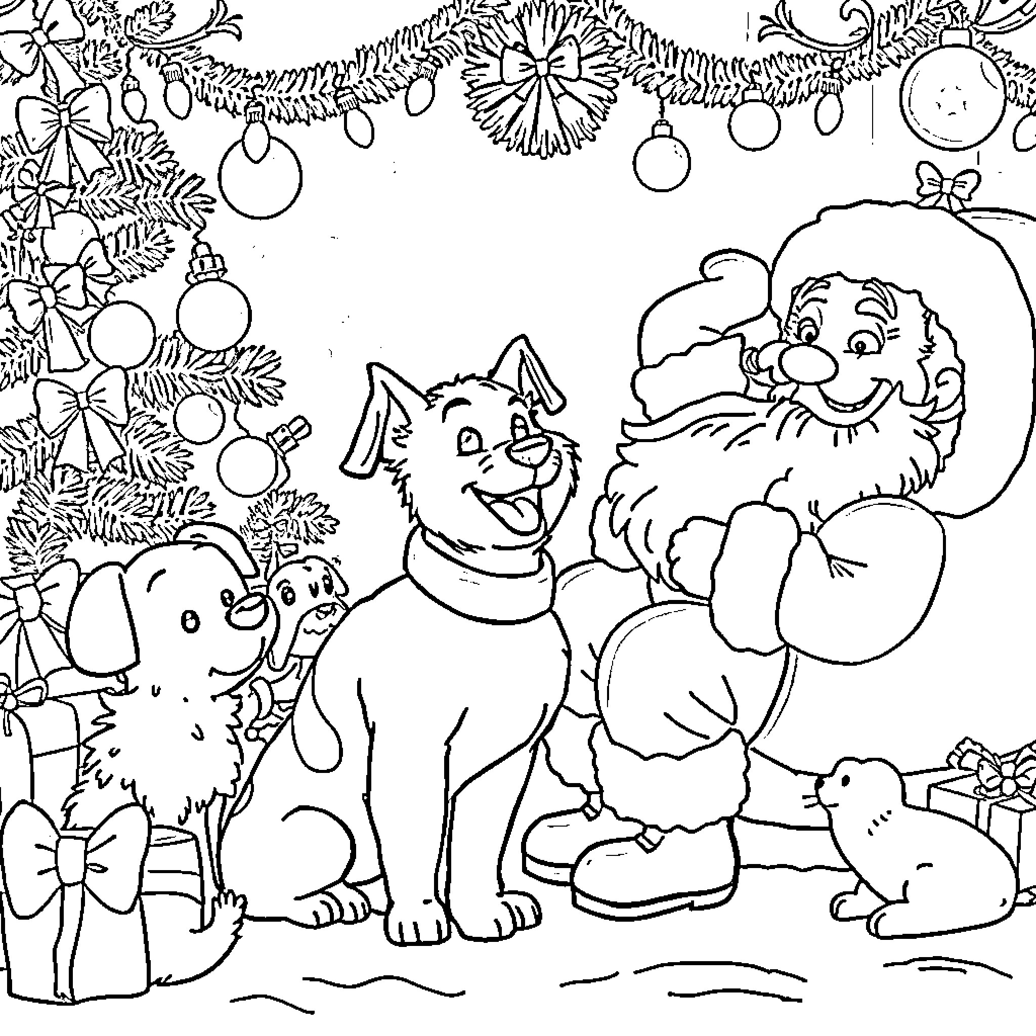 Dog and friends celebrating Christmas Coloring Page (free black-and-white line drawing printable PDF for all, from beginners to advanced learners, including children, teens, adults, and seniors)