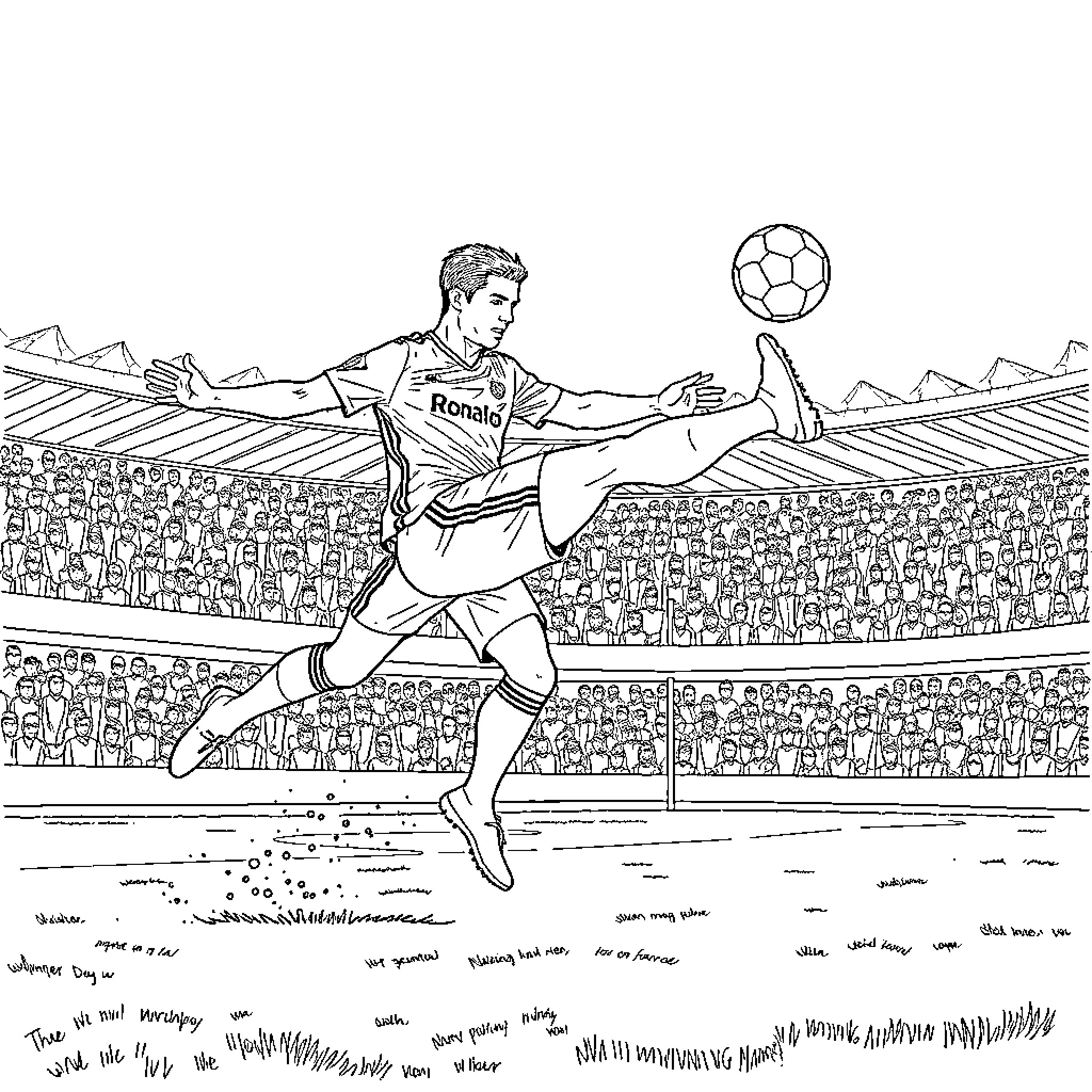 Ronaldo's Acrobatic Football Maneuver on the Pitch Coloring Page (free black-and-white line drawing printable PDF for all, from beginners to advanced learners, including children, teens, adults, and seniors)