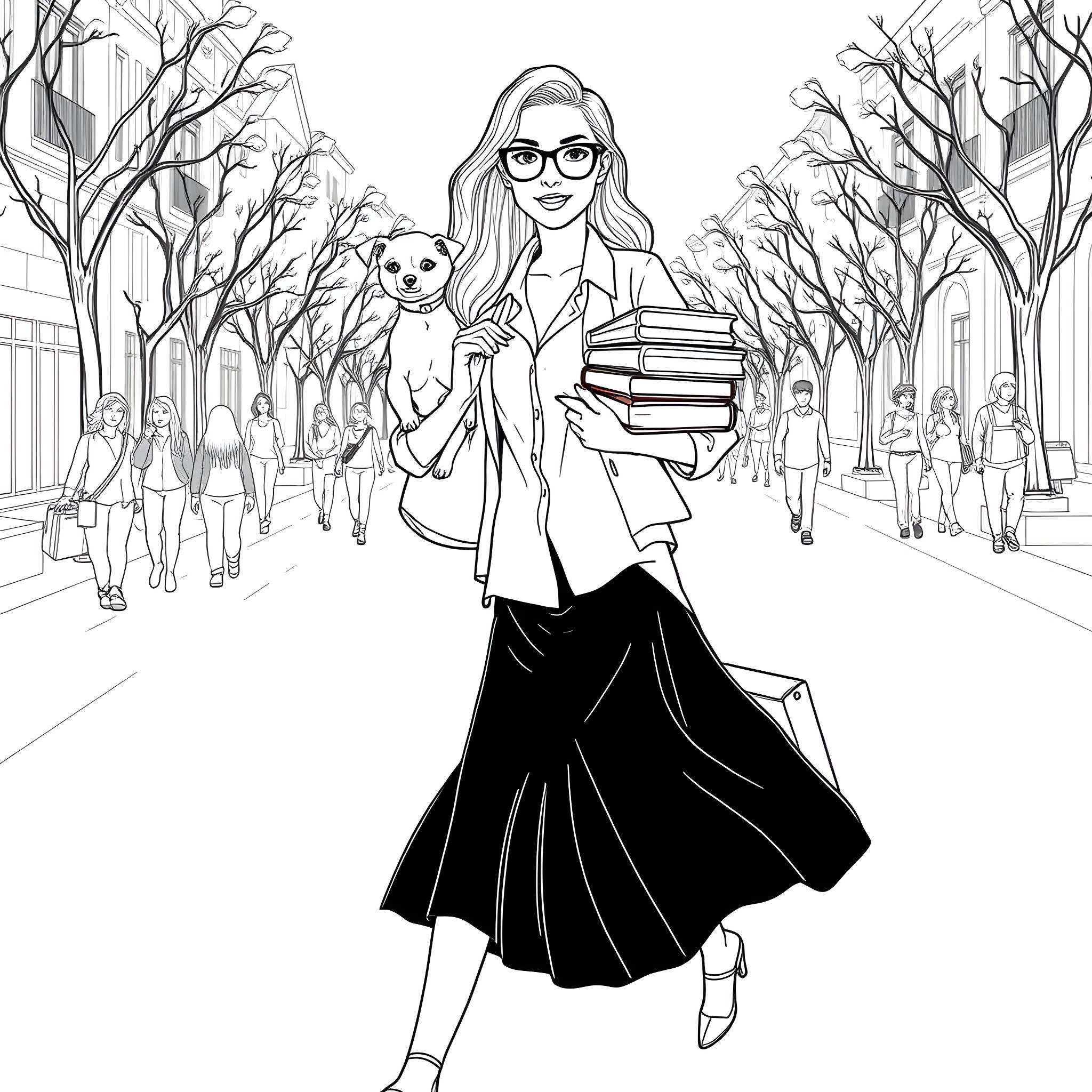 Legally Blonde Student Striding Through Campus Coloring Page (free black-and-white line drawing printable PDF for all, from beginners to advanced learners, including children, teens, adults, and seniors)