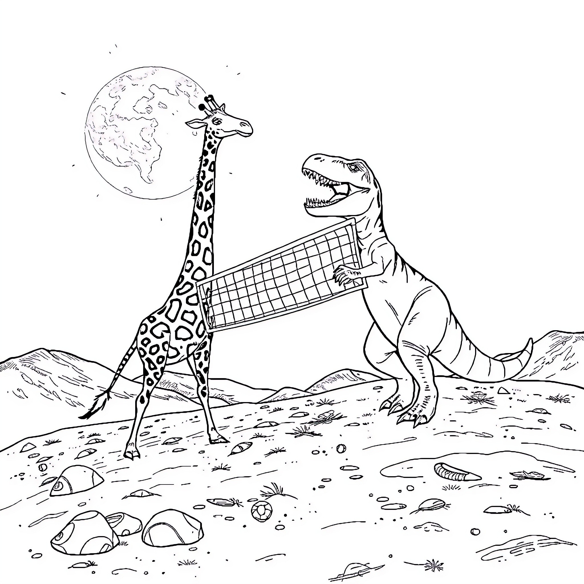 Giraffe playing volleyball with a dinosaur in the moonlight Coloring Page (free black-and-white line drawing printable PDF for all, from beginners to advanced learners, including children, teens, adults, and seniors)
