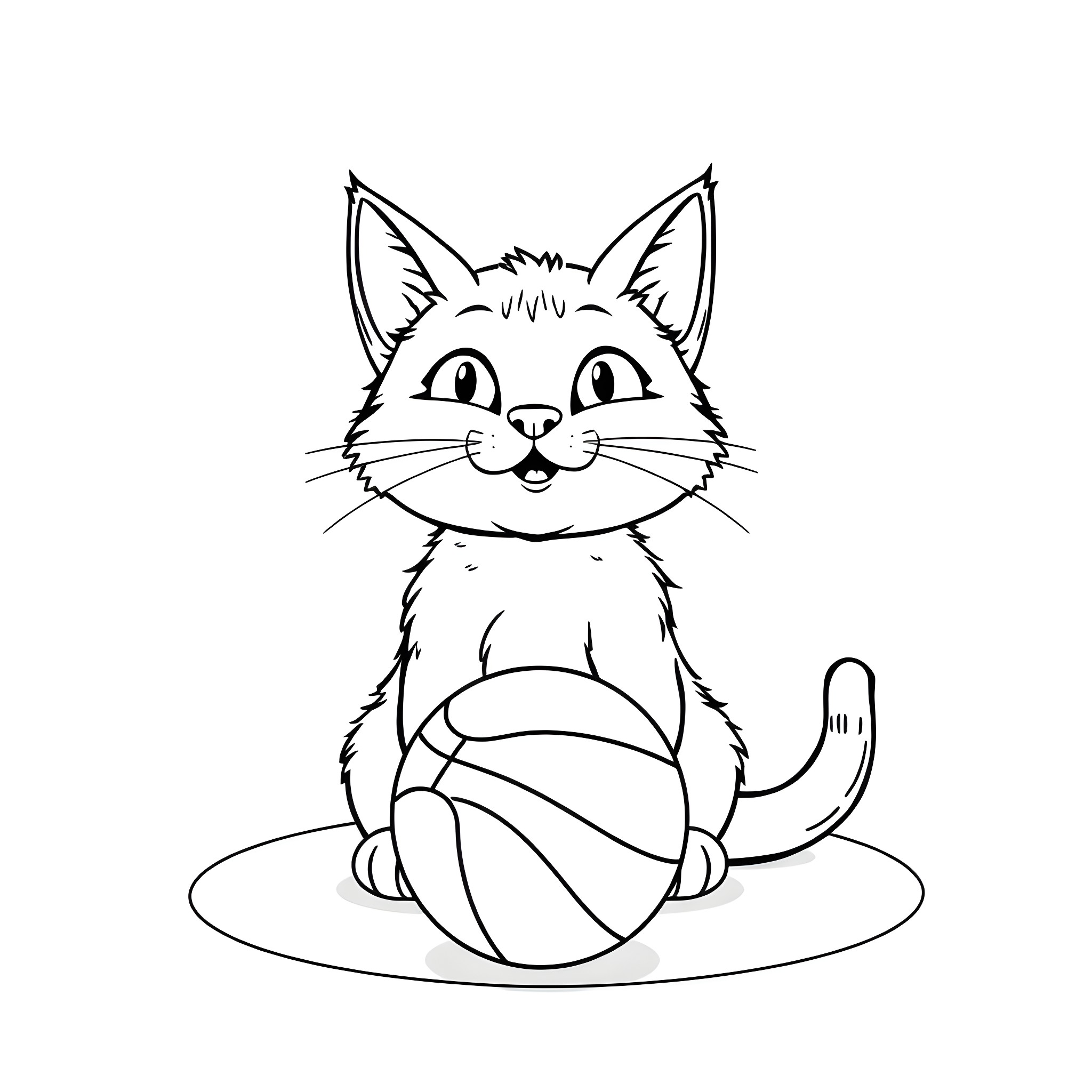 Cat playing with a ball Coloring Page (free black-and-white line drawing printable PDF for all, from beginners to advanced learners, including children, teens, adults, and seniors)