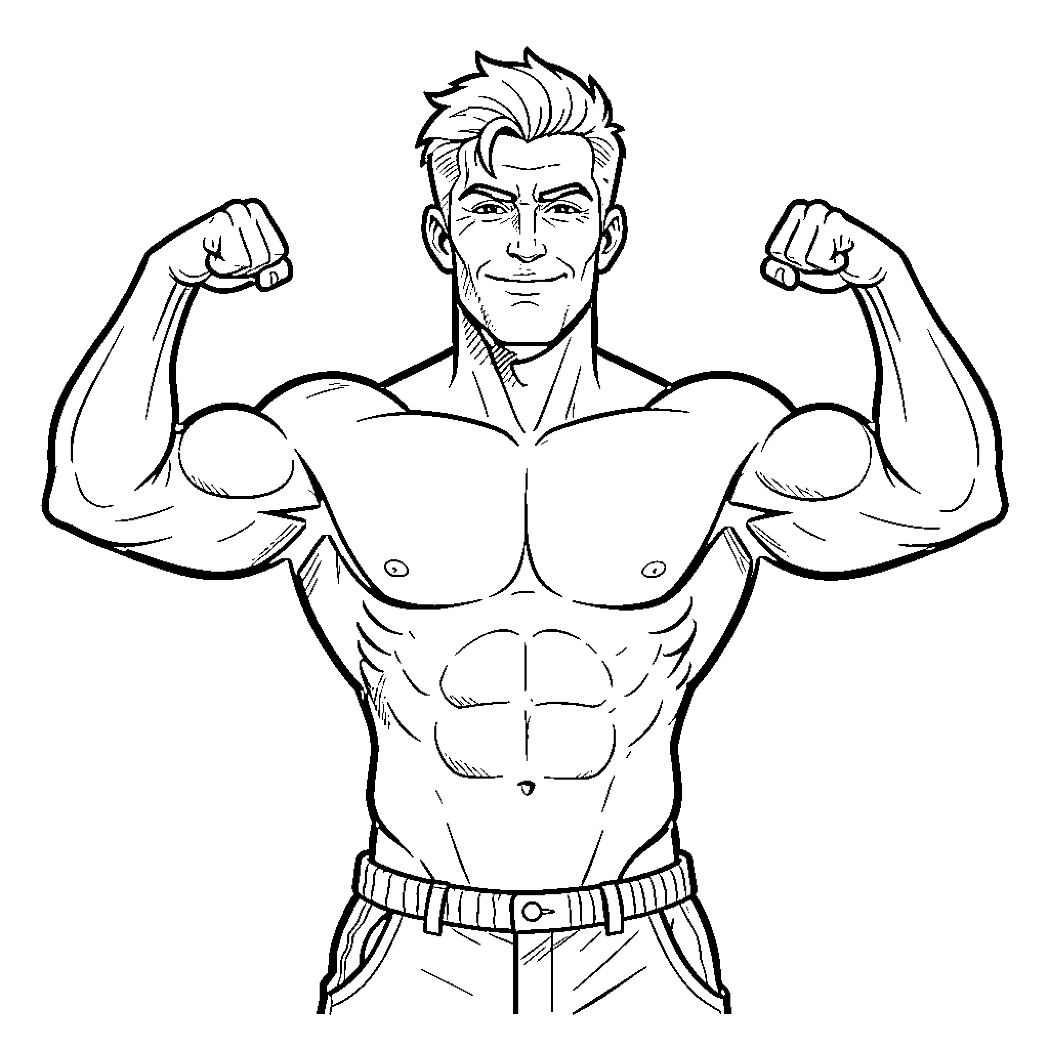 Muscle Man flexing his arms with a confident smile Coloring Page (free black-and-white line drawing printable PDF for all, from beginners to advanced learners, including children, teens, adults, and seniors)