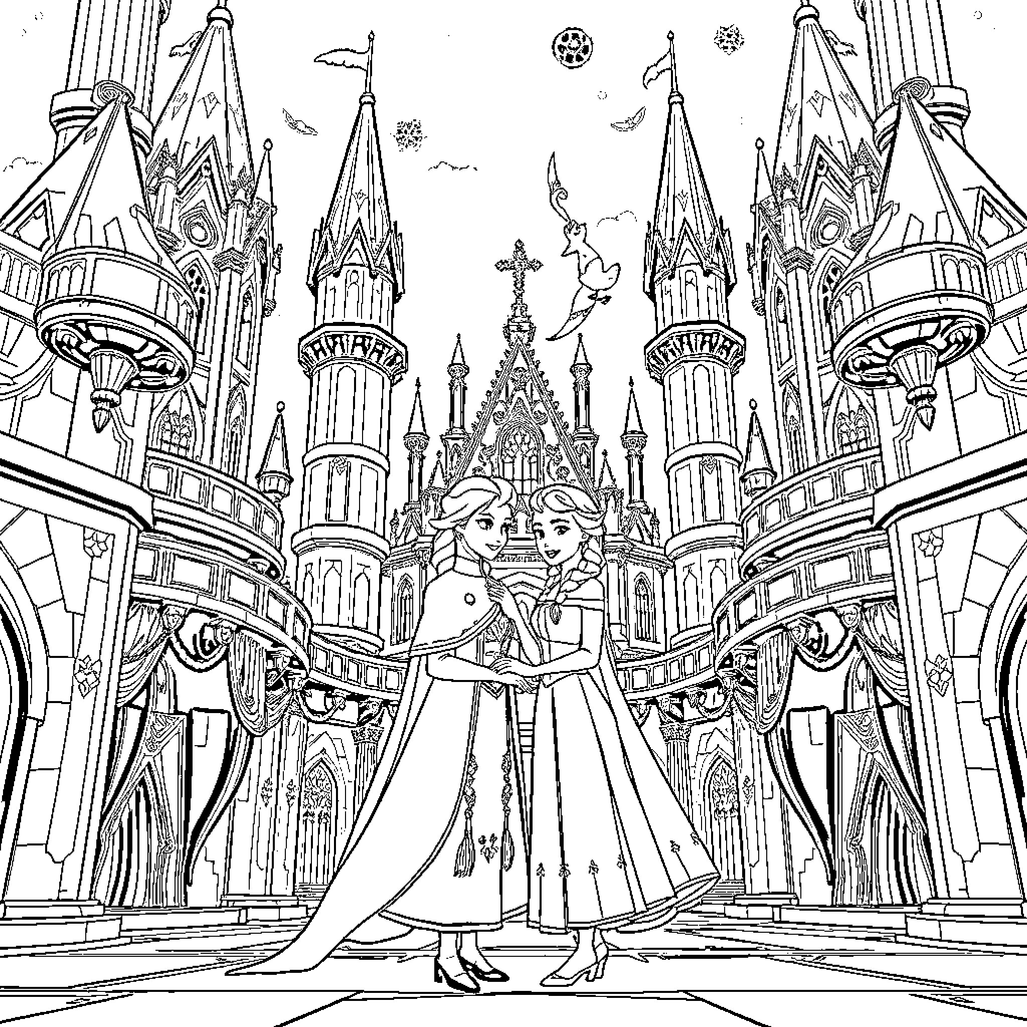 Elsa and Anna enjoy a magical fairytale castle Coloring Page (free black-and-white line drawing printable PDF for all, from beginners to advanced learners, including children, teens, adults, and seniors)
