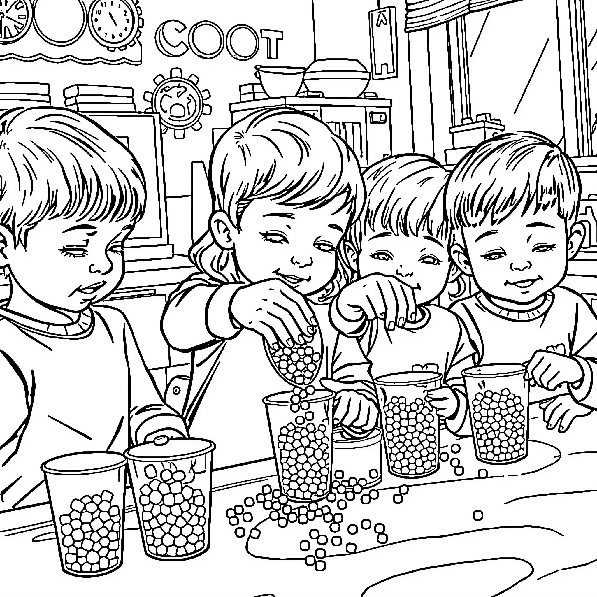 Children enjoying refreshments at the Coot Coloring Page (free black-and-white line drawing printable PDF for all, from beginners to advanced learners, including children, teens, adults, and seniors)
