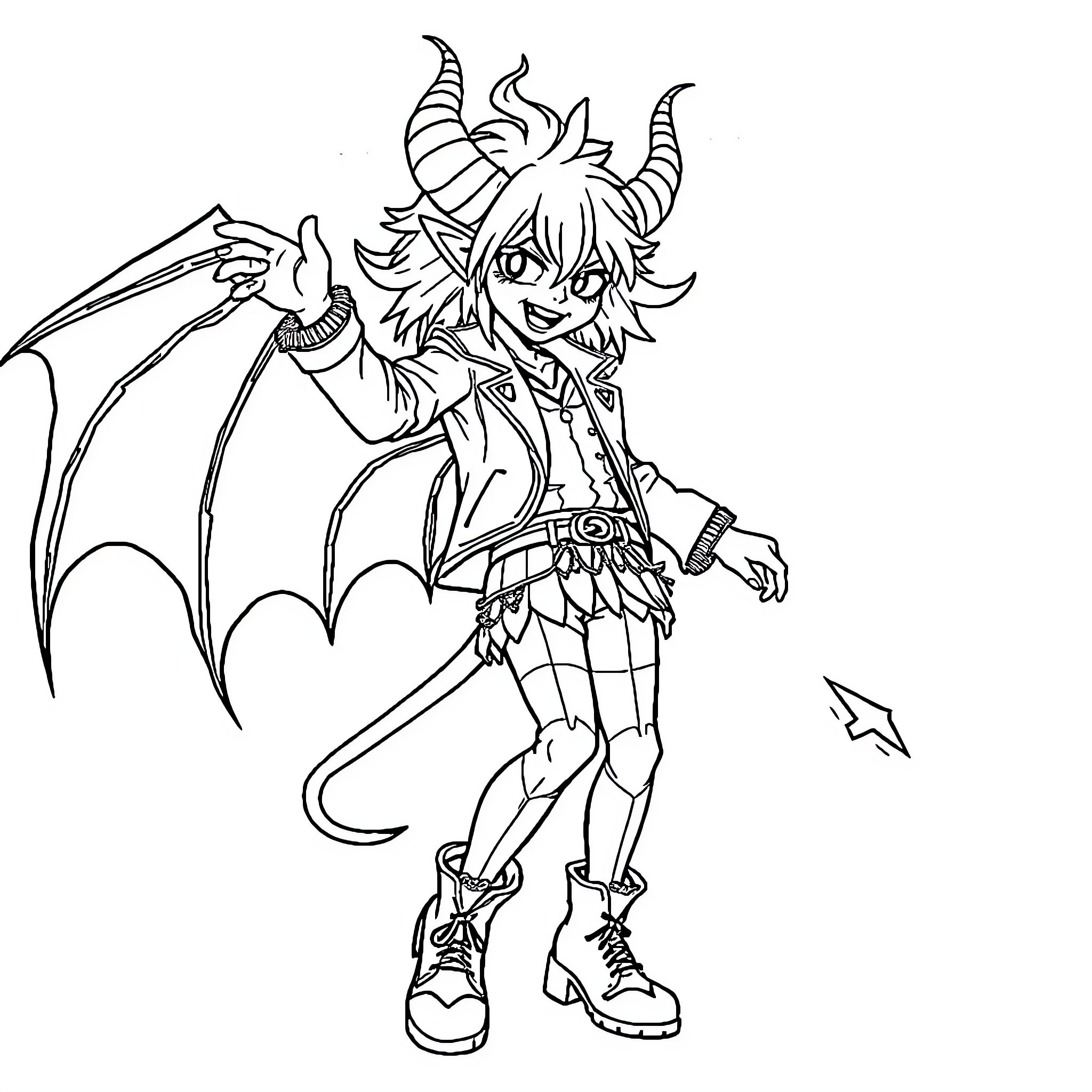 Kpop Demon in Playful Pose with Exaggerated Features Coloring Page (free black-and-white line drawing printable PDF for all, from beginners to advanced learners, including children, teens, adults, and seniors)