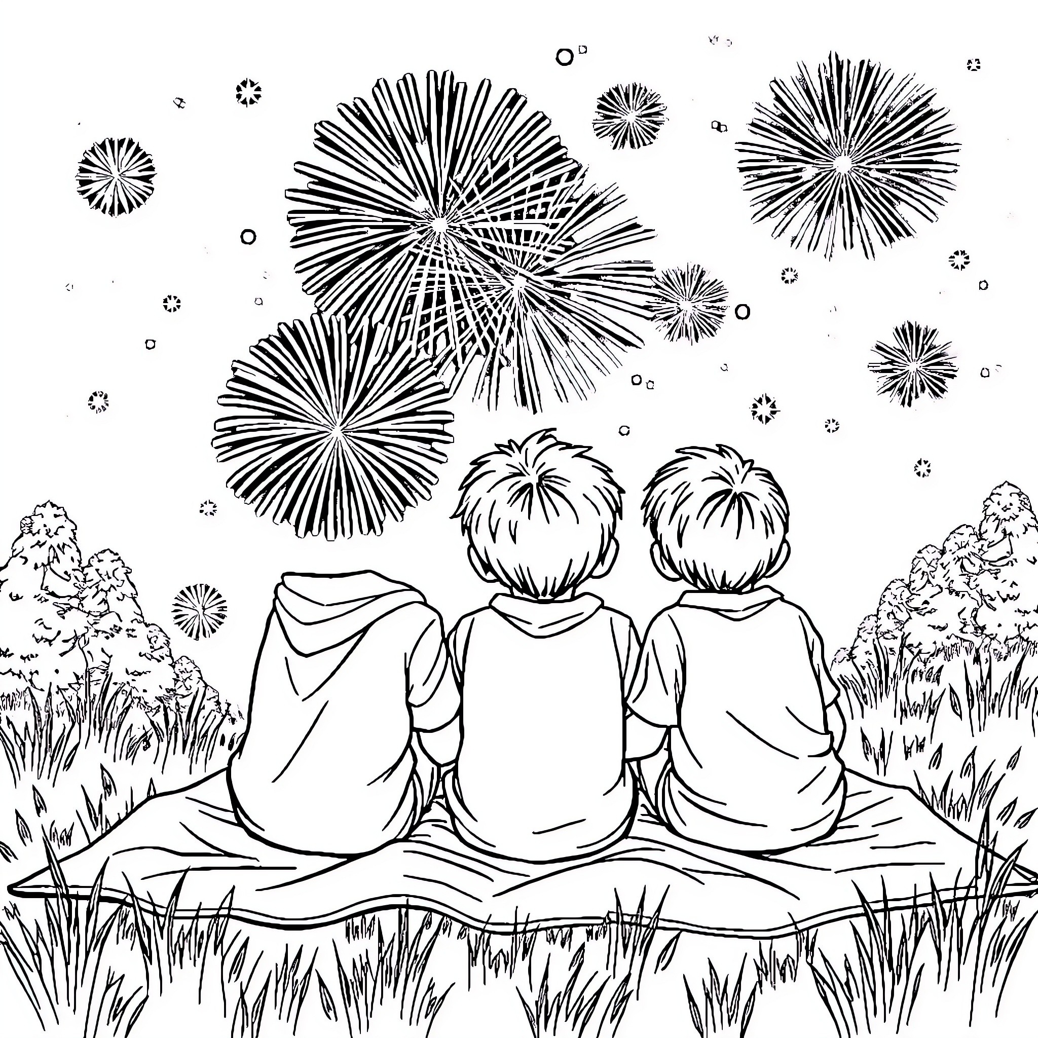 Brother watching fireworks together on a summer night Coloring Page (free black-and-white line drawing printable PDF for all, from beginners to advanced learners, including children, teens, adults, and seniors)