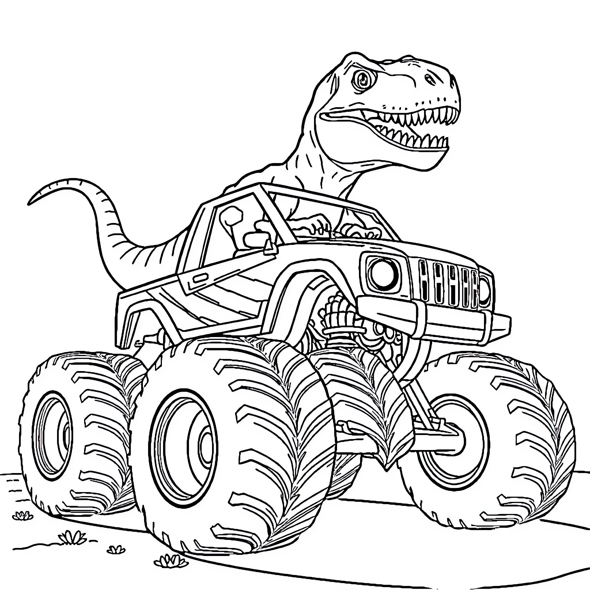 Dinosaur driving monster truck through wilderness Coloring Page (free black-and-white line drawing printable PDF for all, from beginners to advanced learners, including children, teens, adults, and seniors)