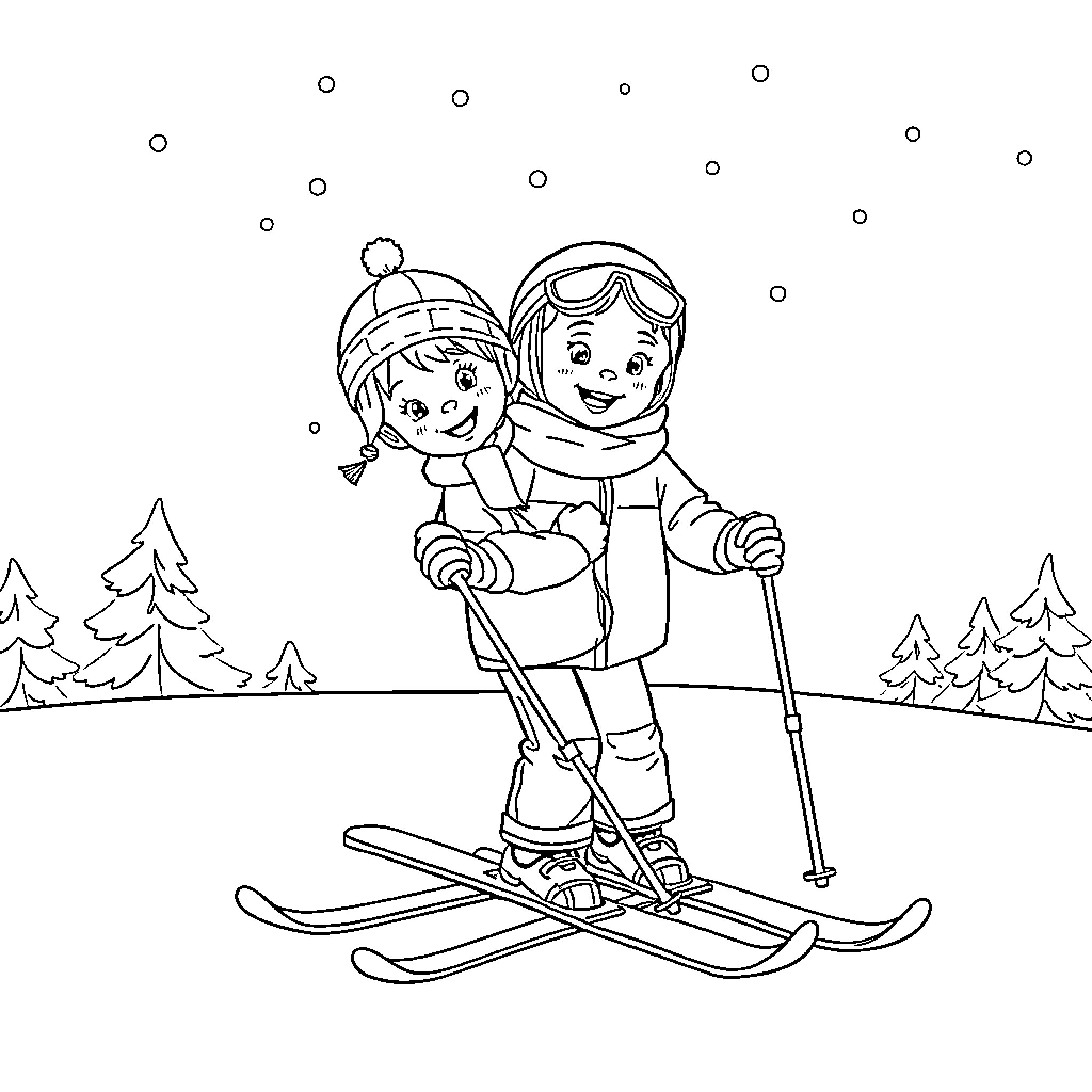 Twin children skiing in the snow-covered landscape Coloring Page (free black-and-white line drawing printable PDF for all, from beginners to advanced learners, including children, teens, adults, and seniors)
