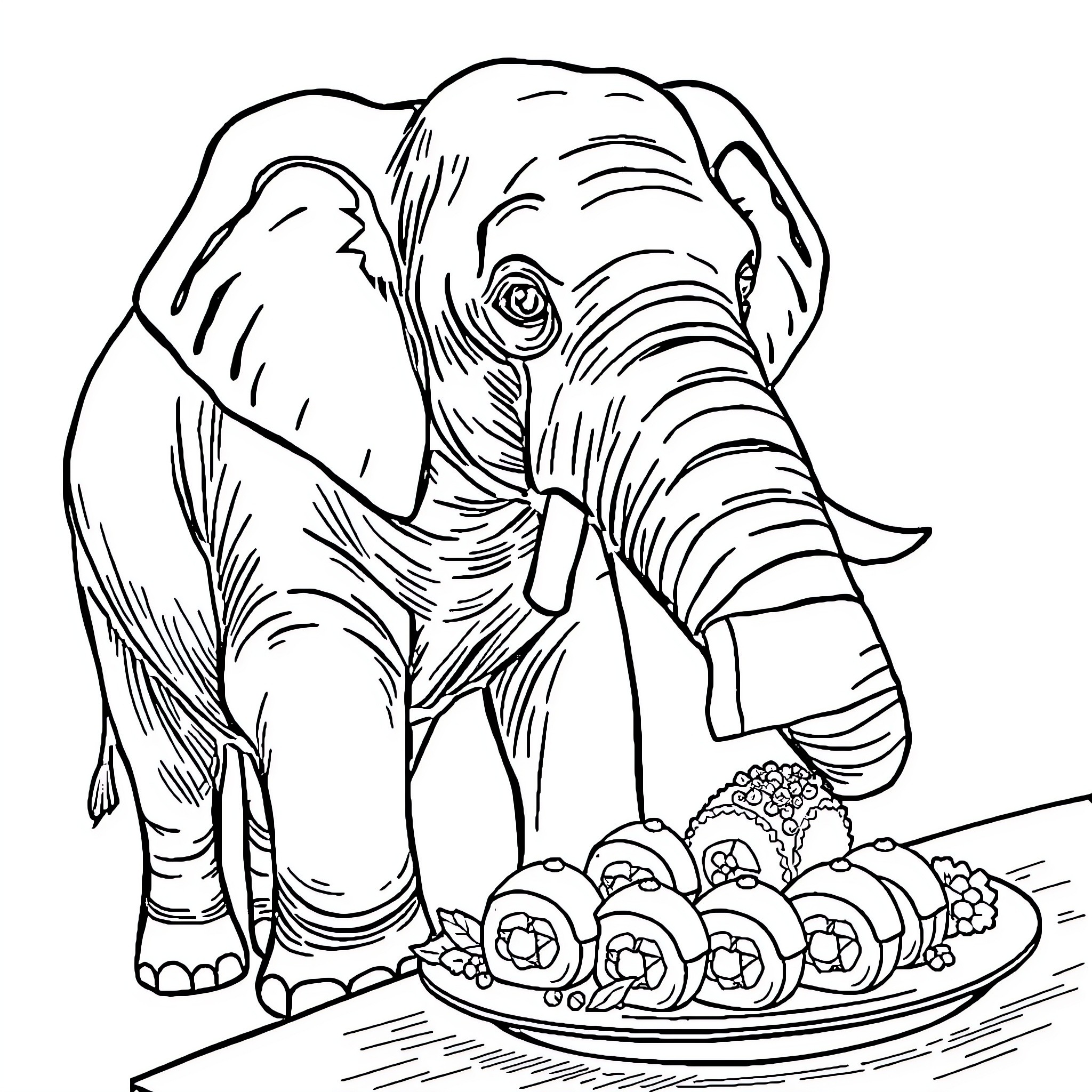 Elephant enjoying a plate of treats Coloring Page (free black-and-white line drawing printable PDF for all, from beginners to advanced learners, including children, teens, adults, and seniors)