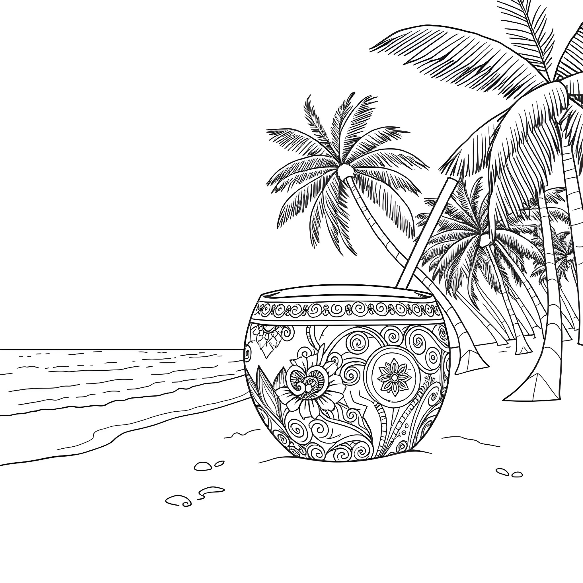 Coconut vase on tropical beach with palm trees Coloring Page (free black-and-white line drawing printable PDF for all, from beginners to advanced learners, including children, teens, adults, and seniors)