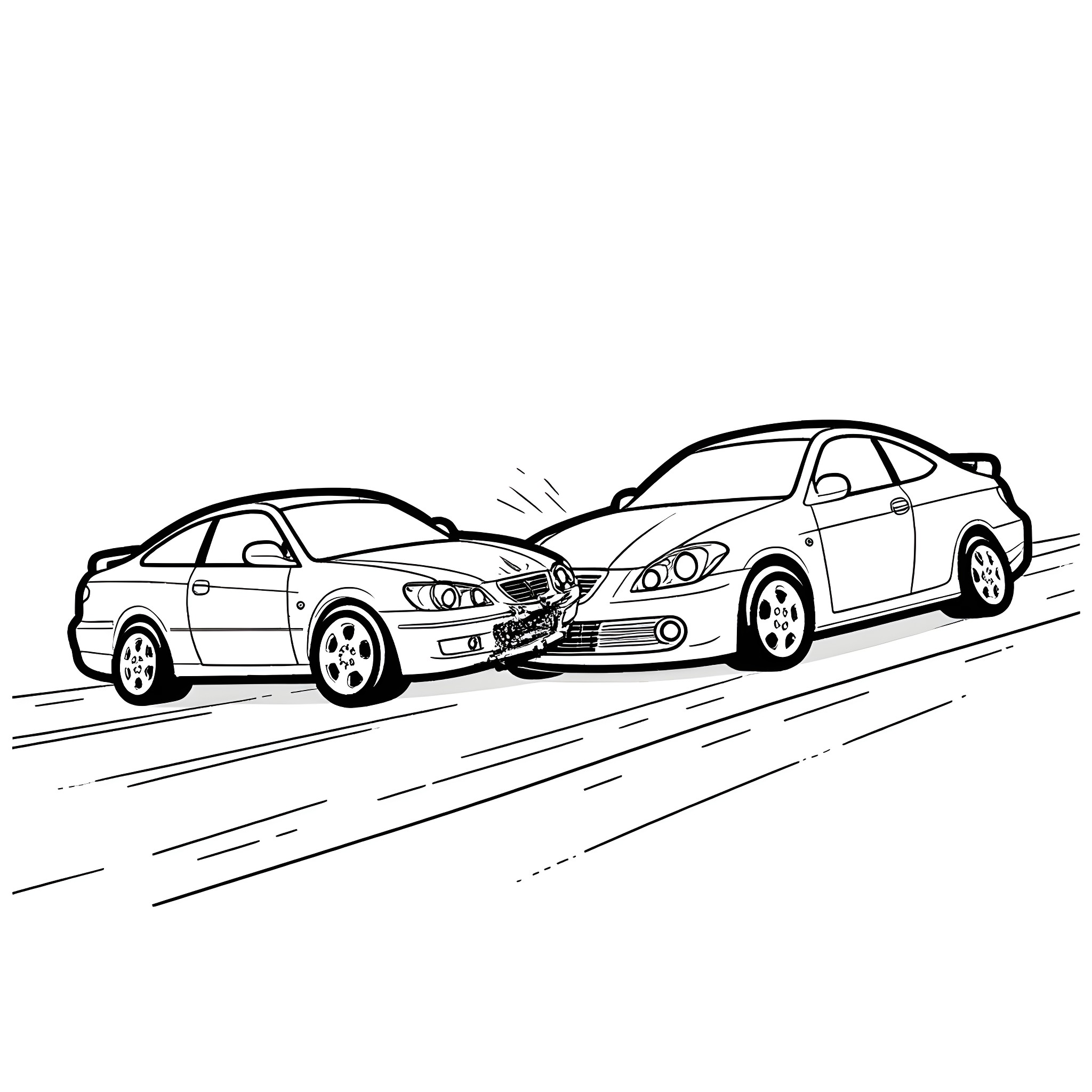 Car Collision Scene on the Road Coloring Page (free black-and-white line drawing printable PDF for all, from beginners to advanced learners, including children, teens, adults, and seniors)