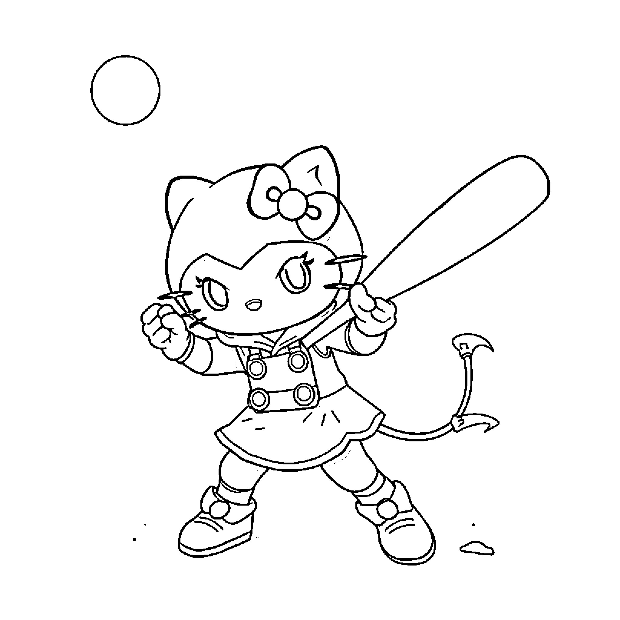 Hello Kitty playing baseball with enthusiasm Coloring Page (free black-and-white line drawing printable PDF for all, from beginners to advanced learners, including children, teens, adults, and seniors)