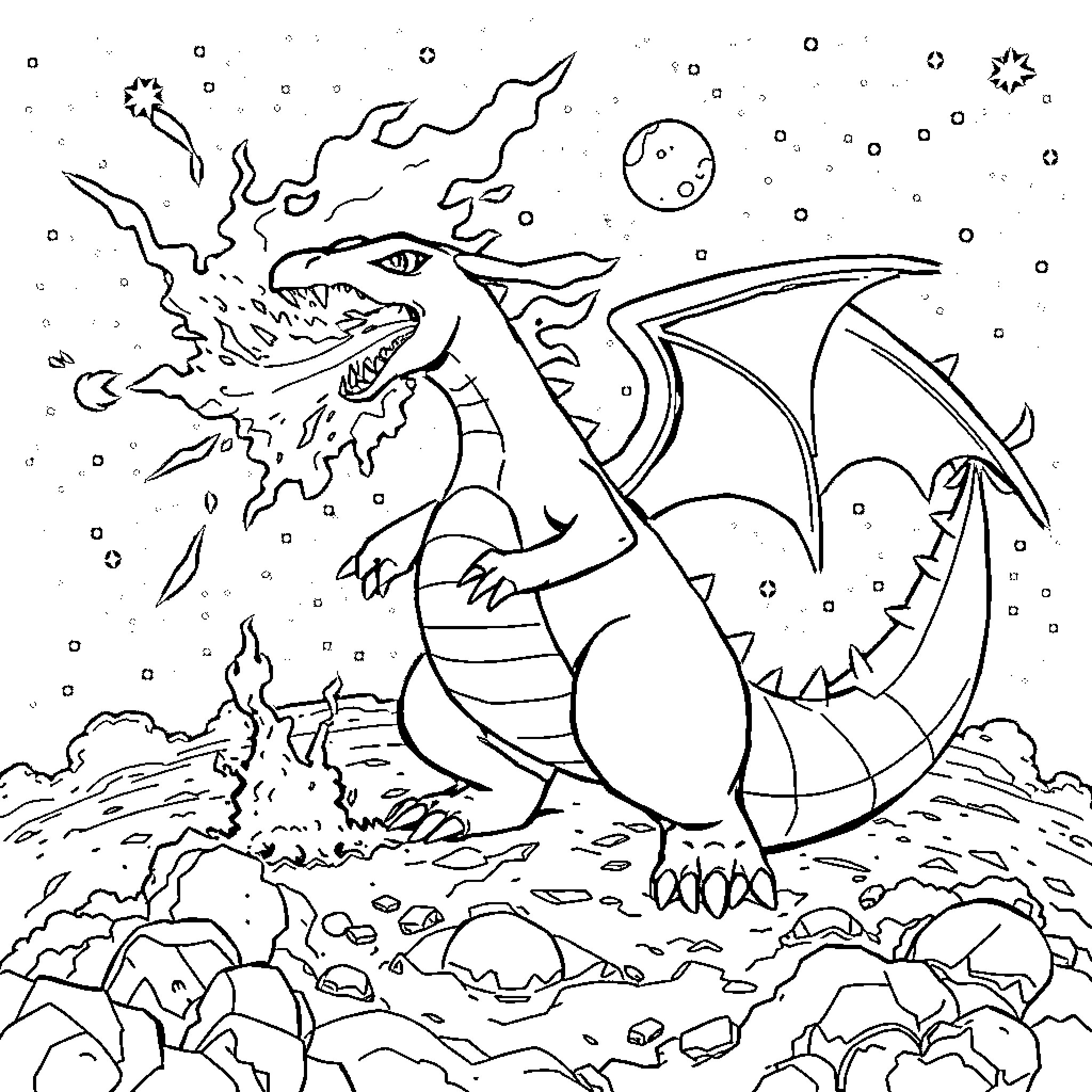 Charizard flying majestically in a fantasy landscape Coloring Page (free black-and-white line drawing printable PDF for all, from beginners to advanced learners, including children, teens, adults, and seniors)