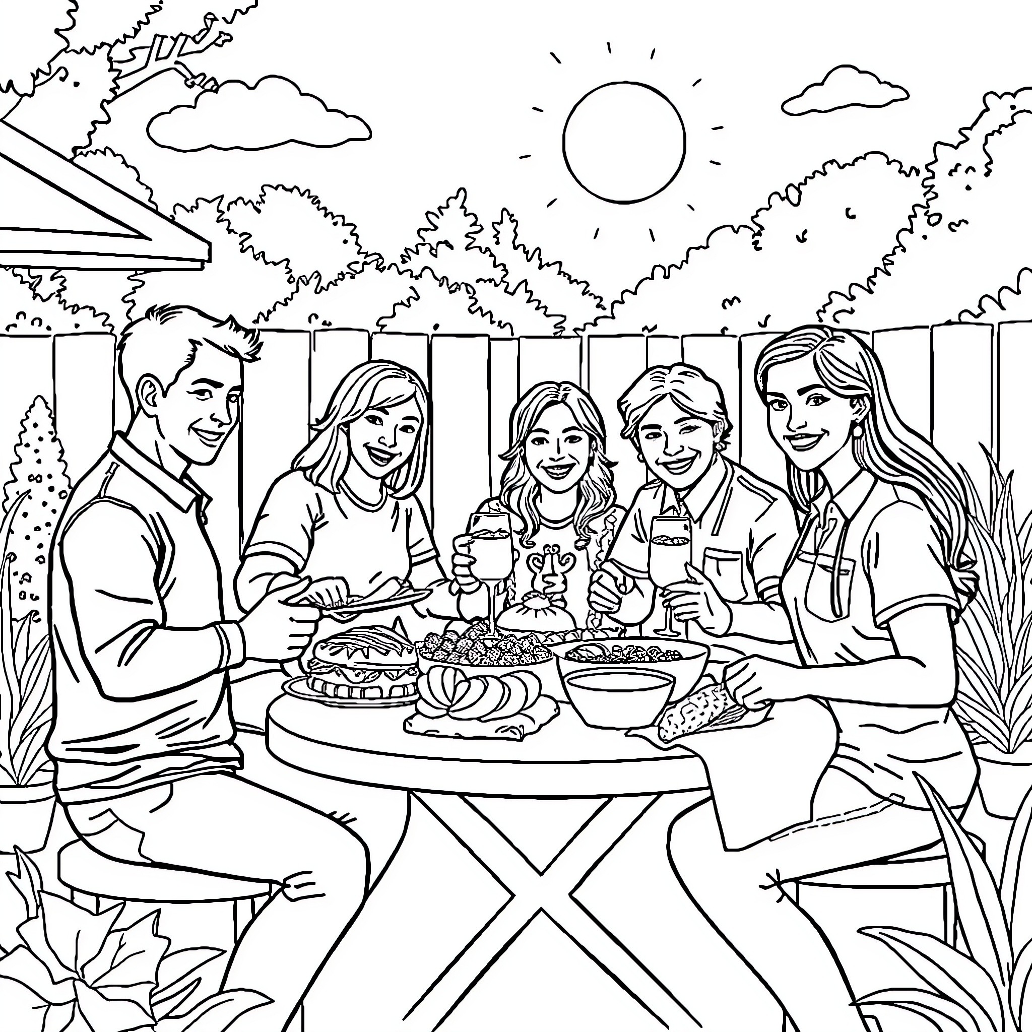 Technicians enjoying a friendly outdoor meal together Coloring Page (free black-and-white line drawing printable PDF for all, from beginners to advanced learners, including children, teens, adults, and seniors)