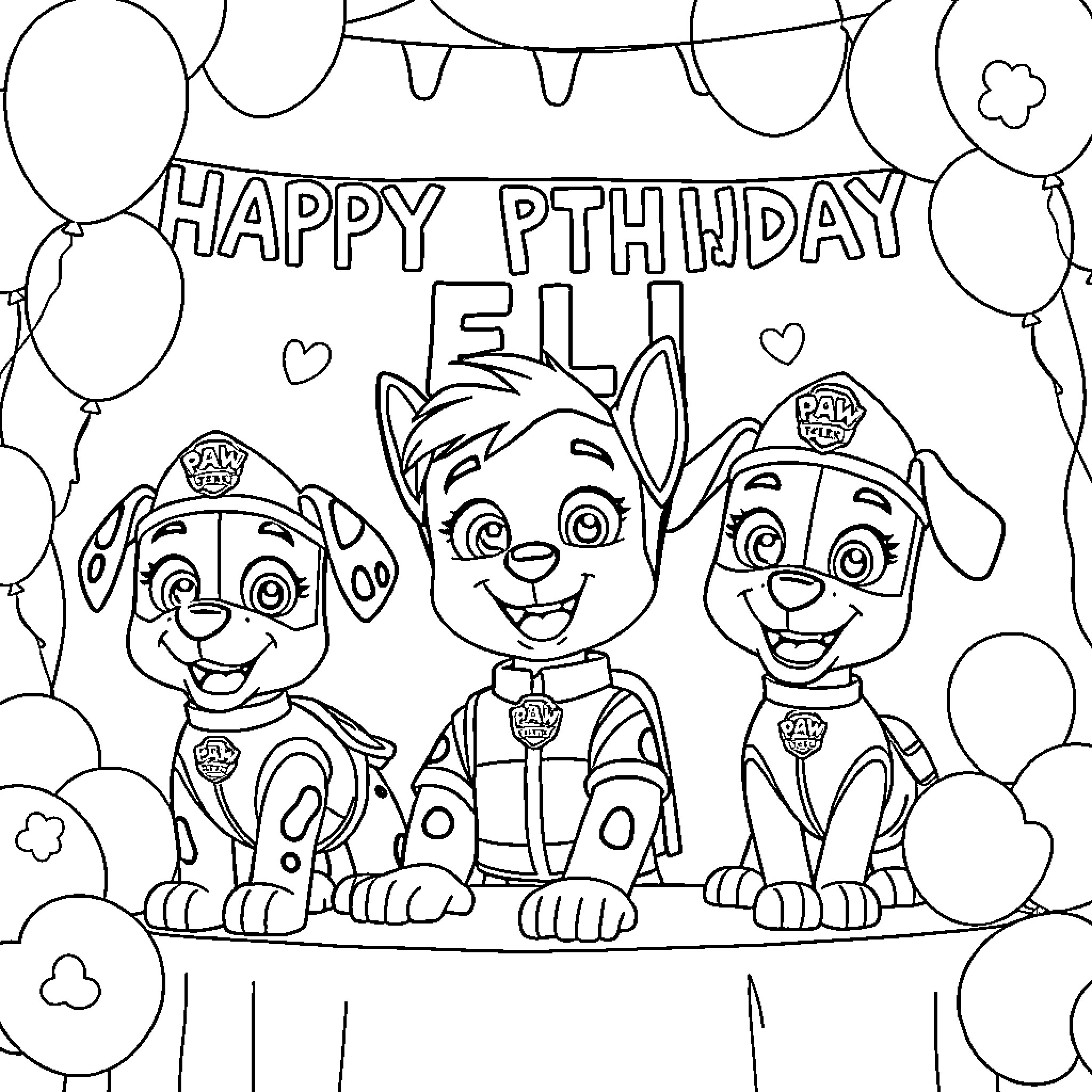 Paw Patrol Celebrating Elj's Birthday with Balloons Coloring Page (free black-and-white line drawing printable PDF for all, from beginners to advanced learners, including children, teens, adults, and seniors)