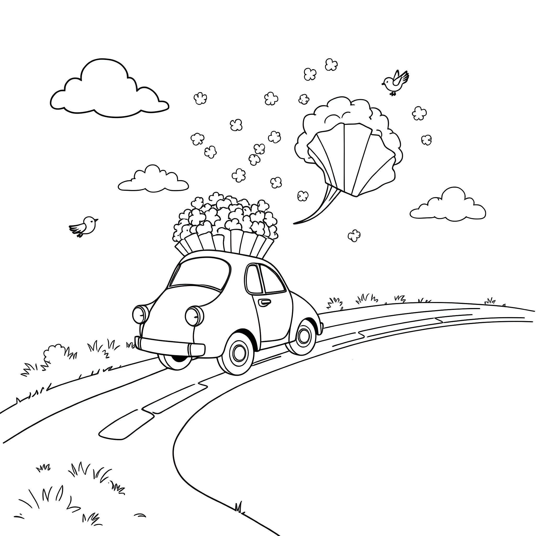 Car with flowers driving on a country road Coloring Page (free black-and-white line drawing printable PDF for all, from beginners to advanced learners, including children, teens, adults, and seniors)