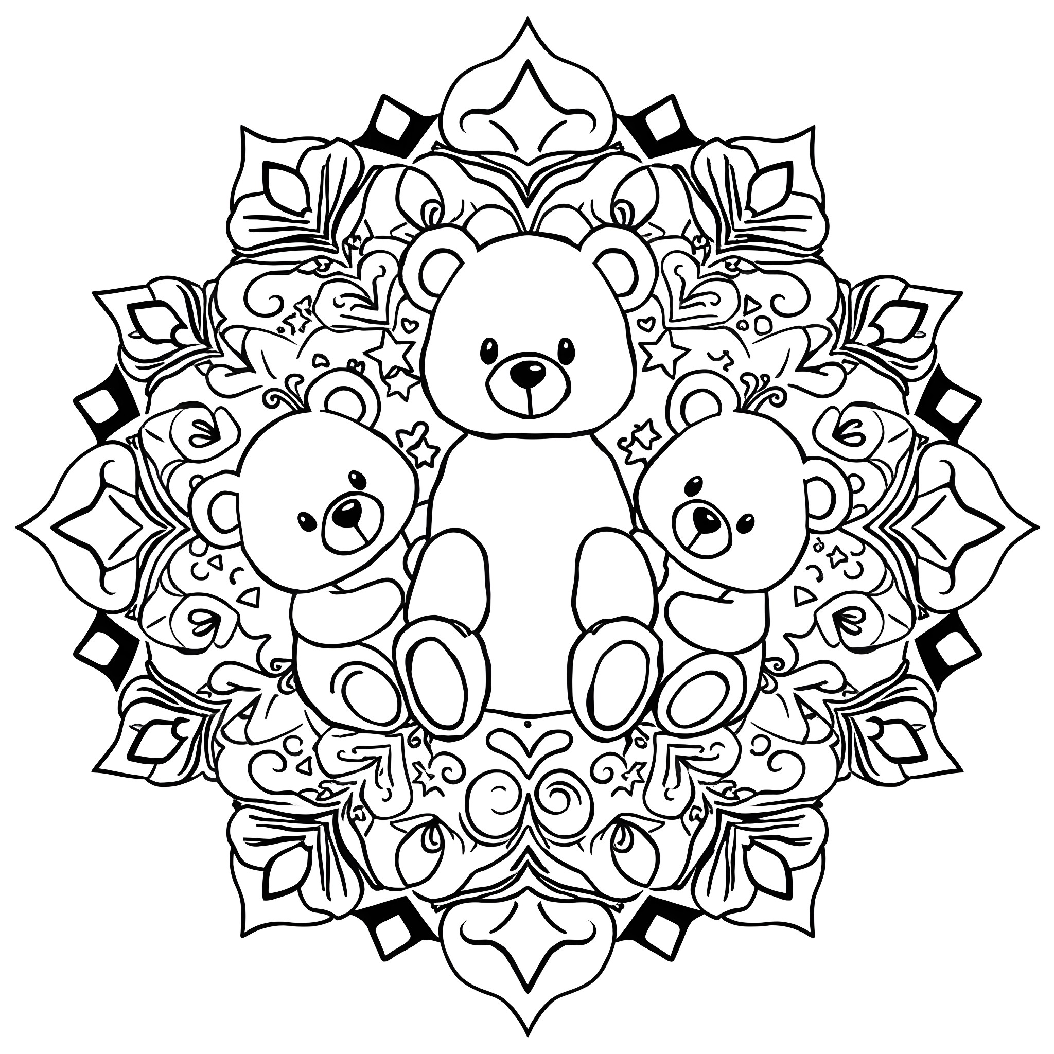 Bear family in ornate floral mandala Coloring Page (free black-and-white line drawing printable PDF for all, from beginners to advanced learners, including children, teens, adults, and seniors)