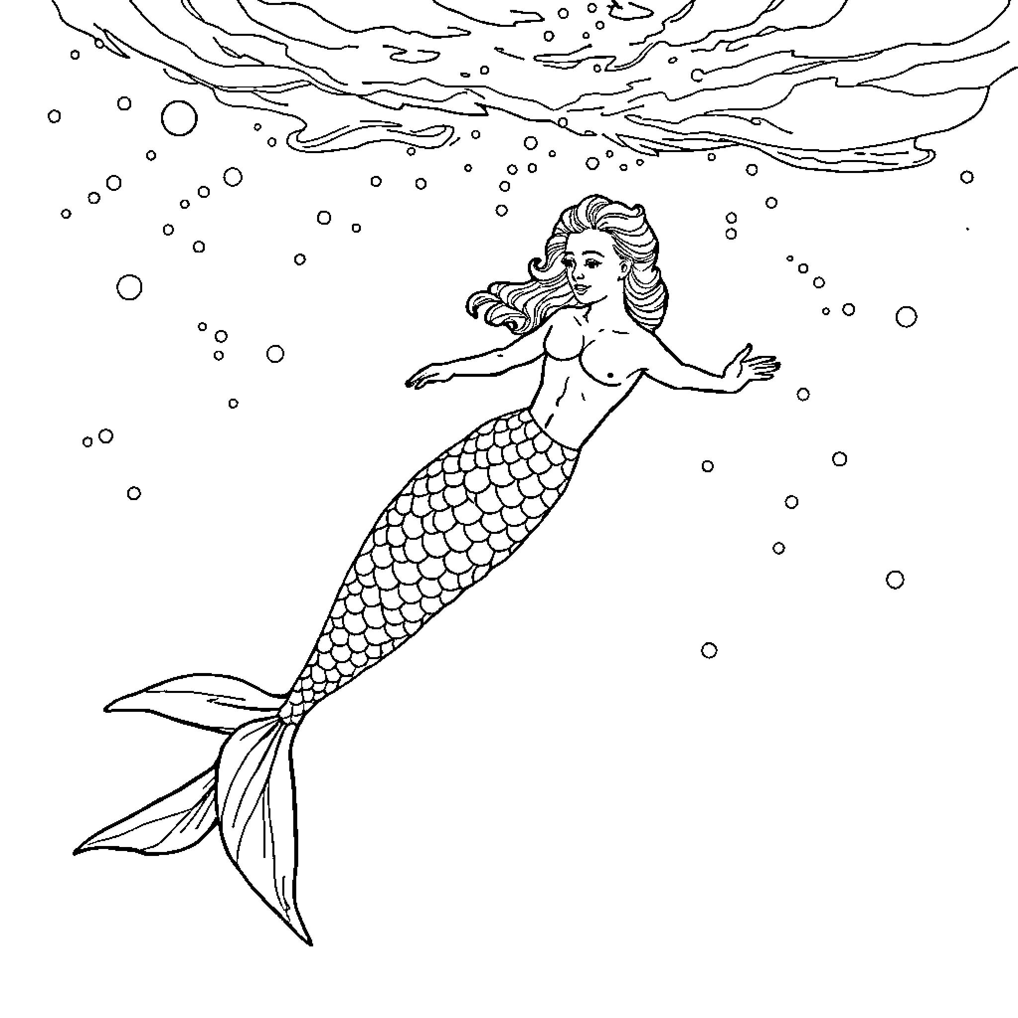 Merman swimming gracefully in the ocean Coloring Page (free black-and-white line drawing printable PDF for all, from beginners to advanced learners, including children, teens, adults, and seniors)