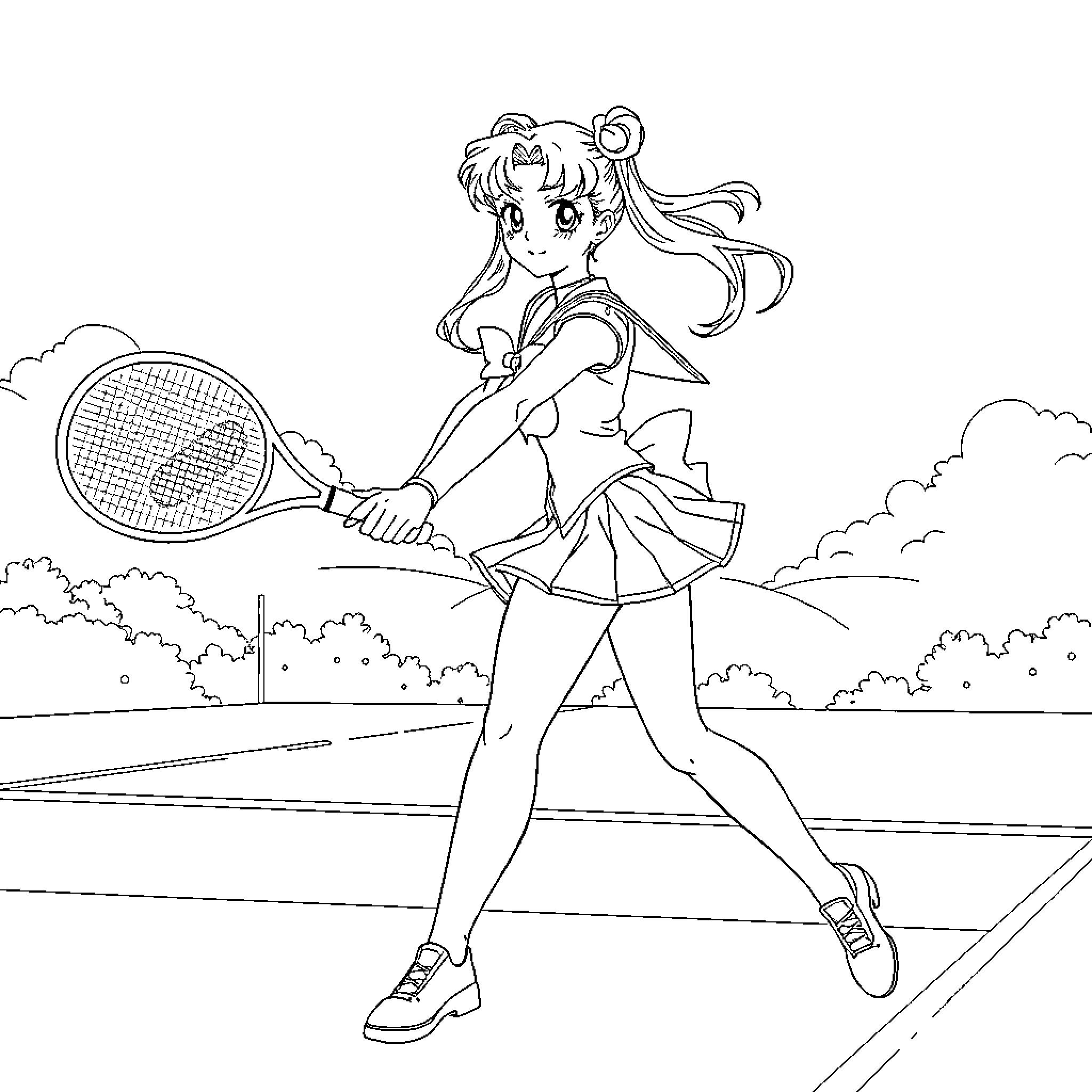 Sailor Moon playing tennis on the court Coloring Page (free black-and-white line drawing printable PDF for all, from beginners to advanced learners, including children, teens, adults, and seniors)