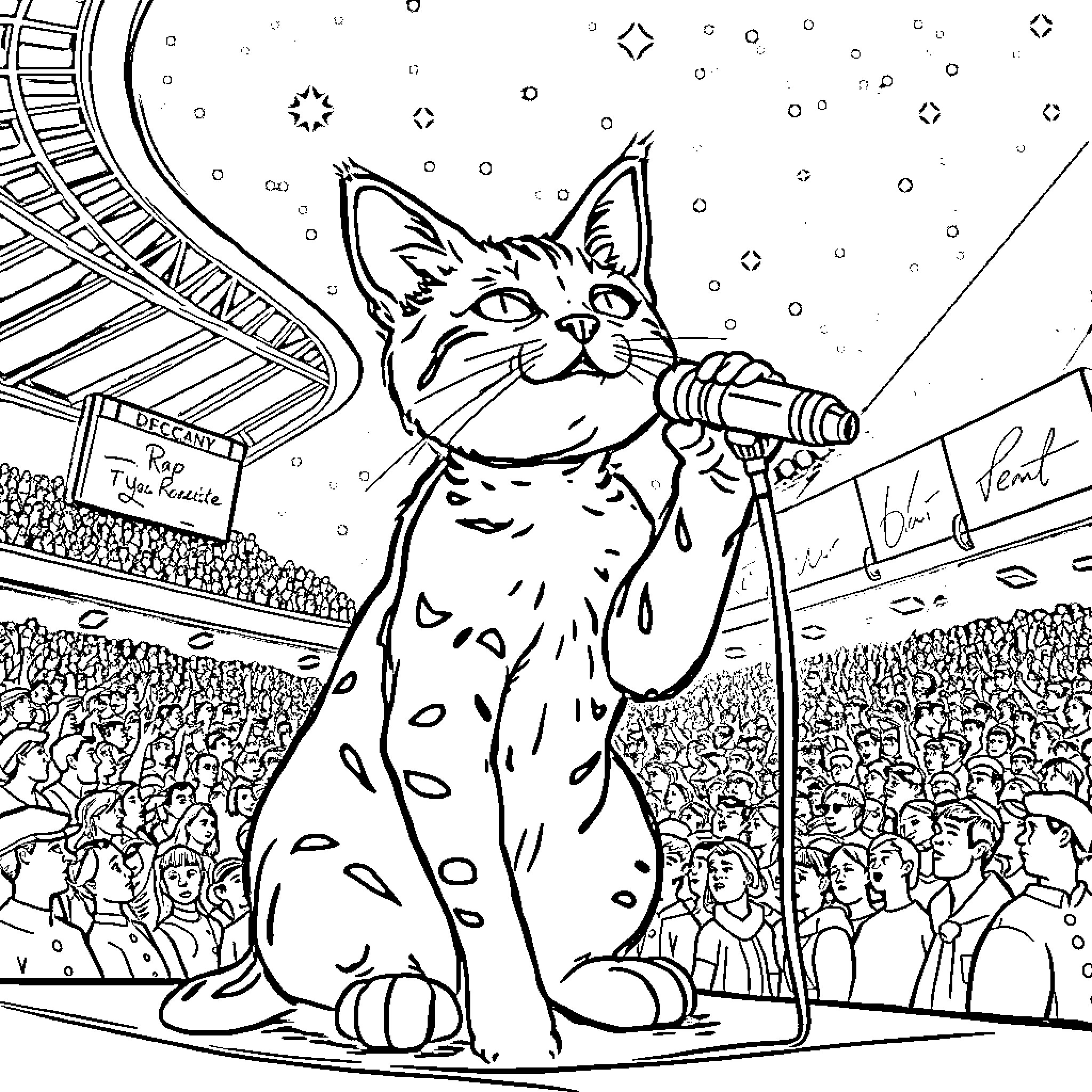 Gato cat performing on stage with crowd Coloring Page (free black-and-white line drawing printable PDF for all, from beginners to advanced learners, including children, teens, adults, and seniors)