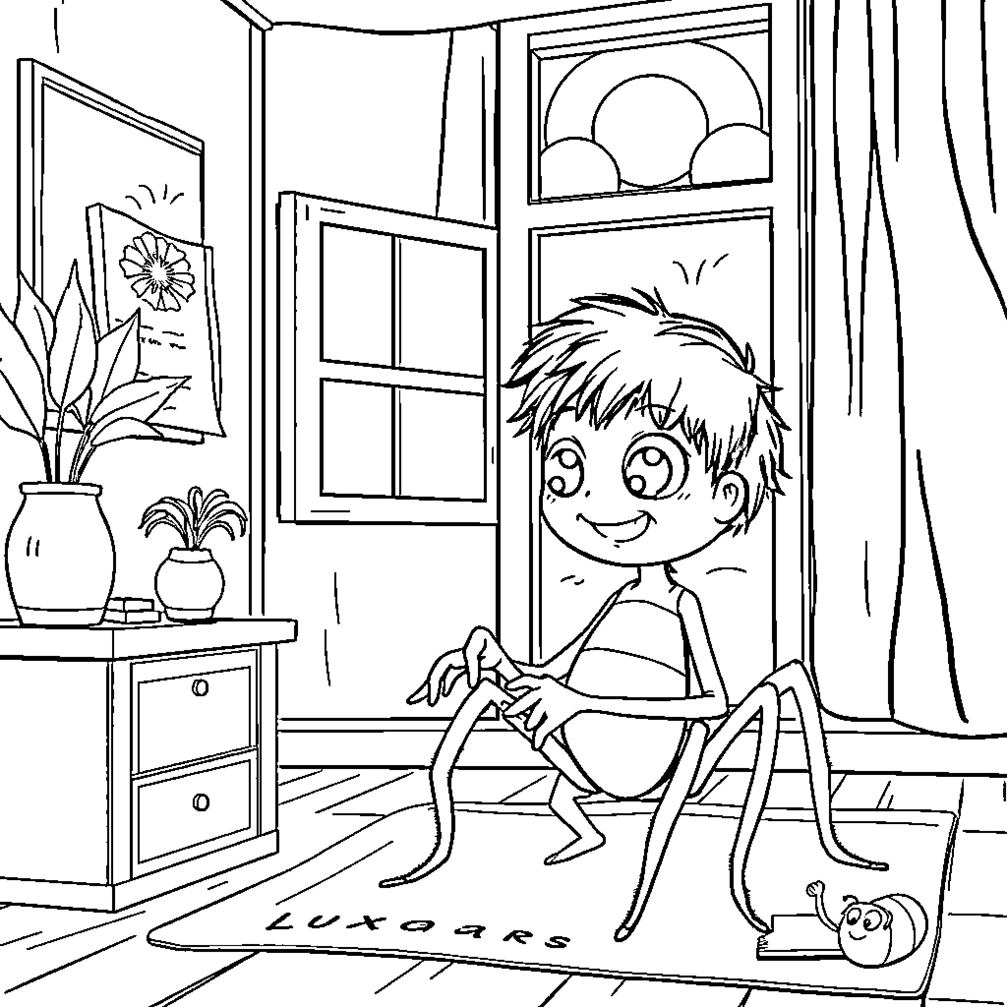 Spider-boy playing with toys in cozy room Coloring Page (free black-and-white line drawing printable PDF for all, from beginners to advanced learners, including children, teens, adults, and seniors)