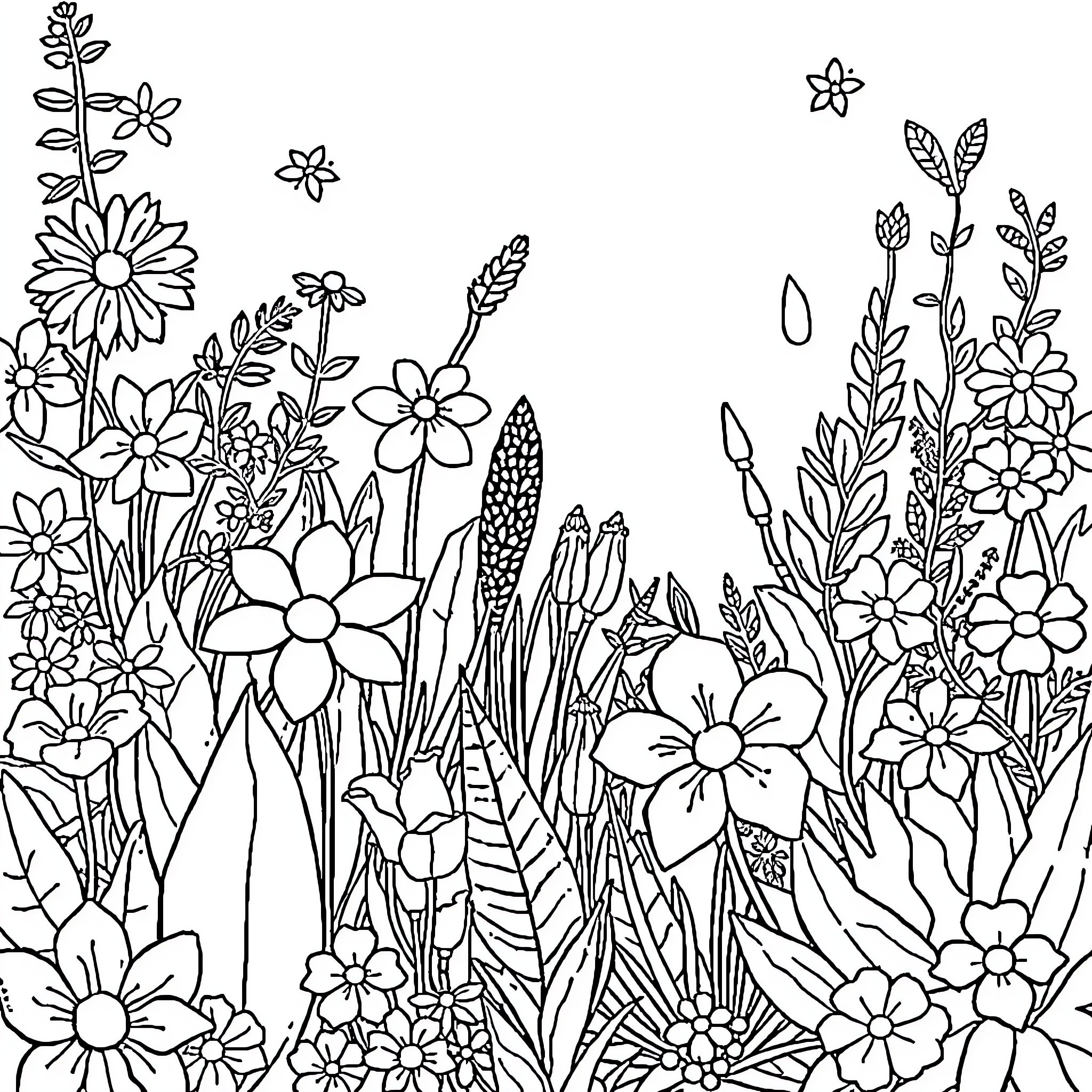 Floesta of Vibrant Floral Blooms and Foliage Coloring Page (free black-and-white line drawing printable PDF for all, from beginners to advanced learners, including children, teens, adults, and seniors)