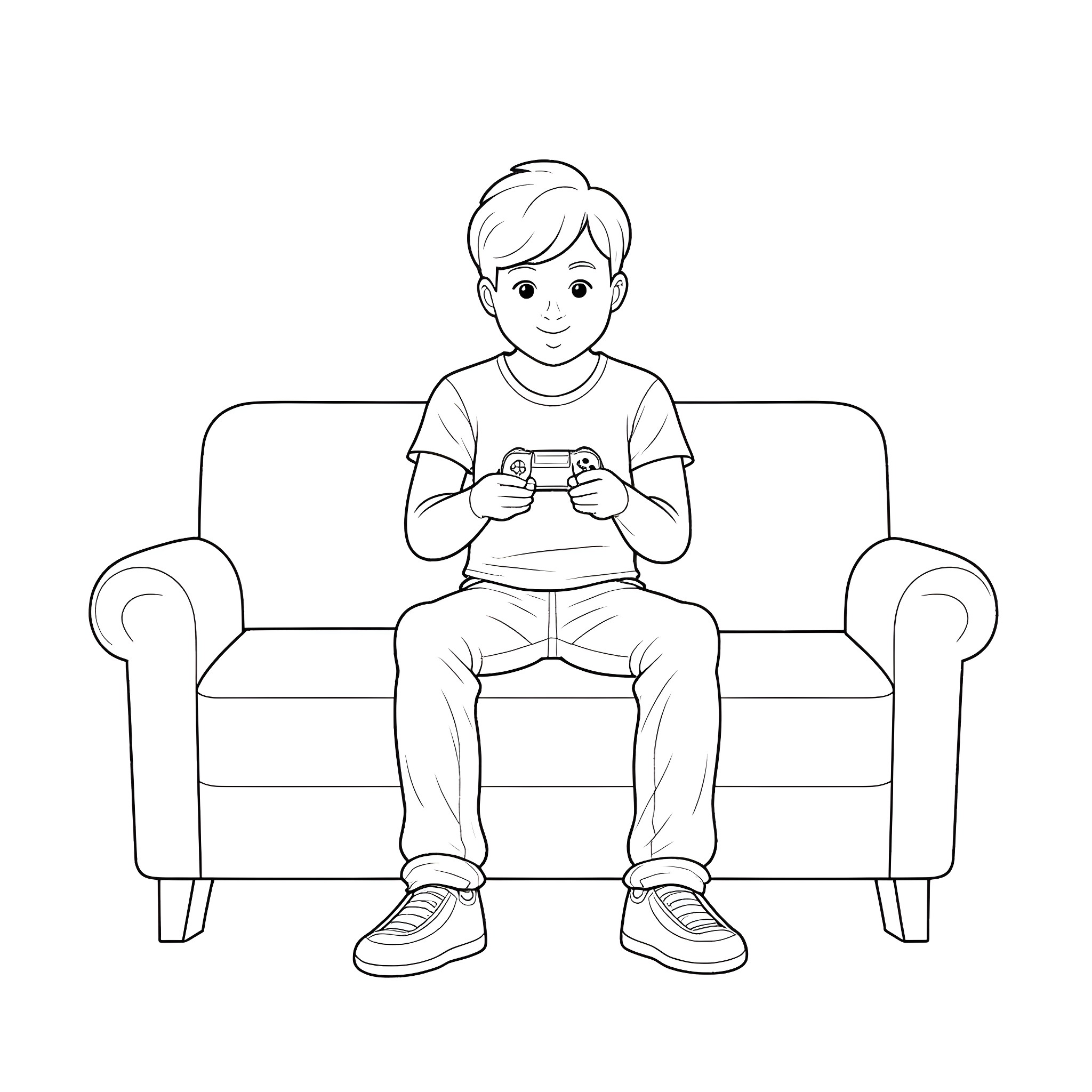 Video Game Player Enjoying Game on Sofa Coloring Page (free black-and-white line drawing printable PDF for all, from beginners to advanced learners, including children, teens, adults, and seniors)