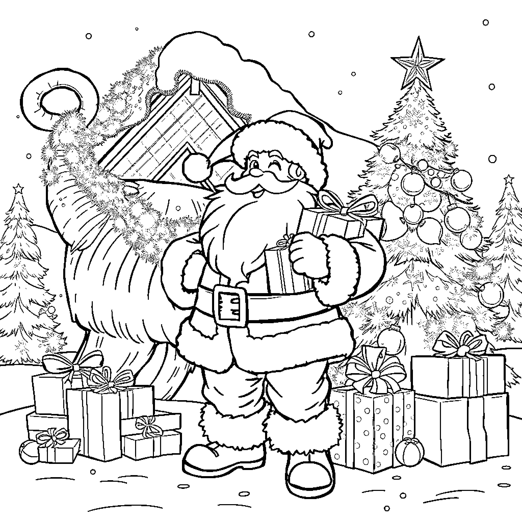 Père Noël delivering presents in snowy winter landscape Coloring Page (free black-and-white line drawing printable PDF for all, from beginners to advanced learners, including children, teens, adults, and seniors)
