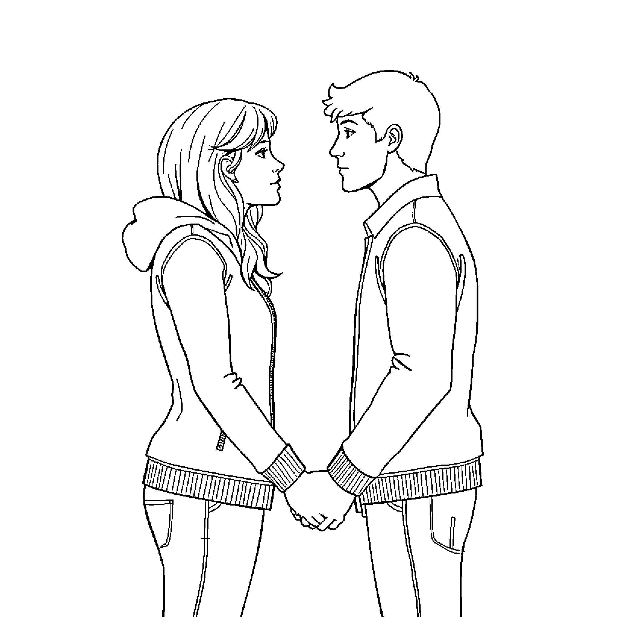 Person gazing intently at each other Coloring Page (free black-and-white line drawing printable PDF for all, from beginners to advanced learners, including children, teens, adults, and seniors)