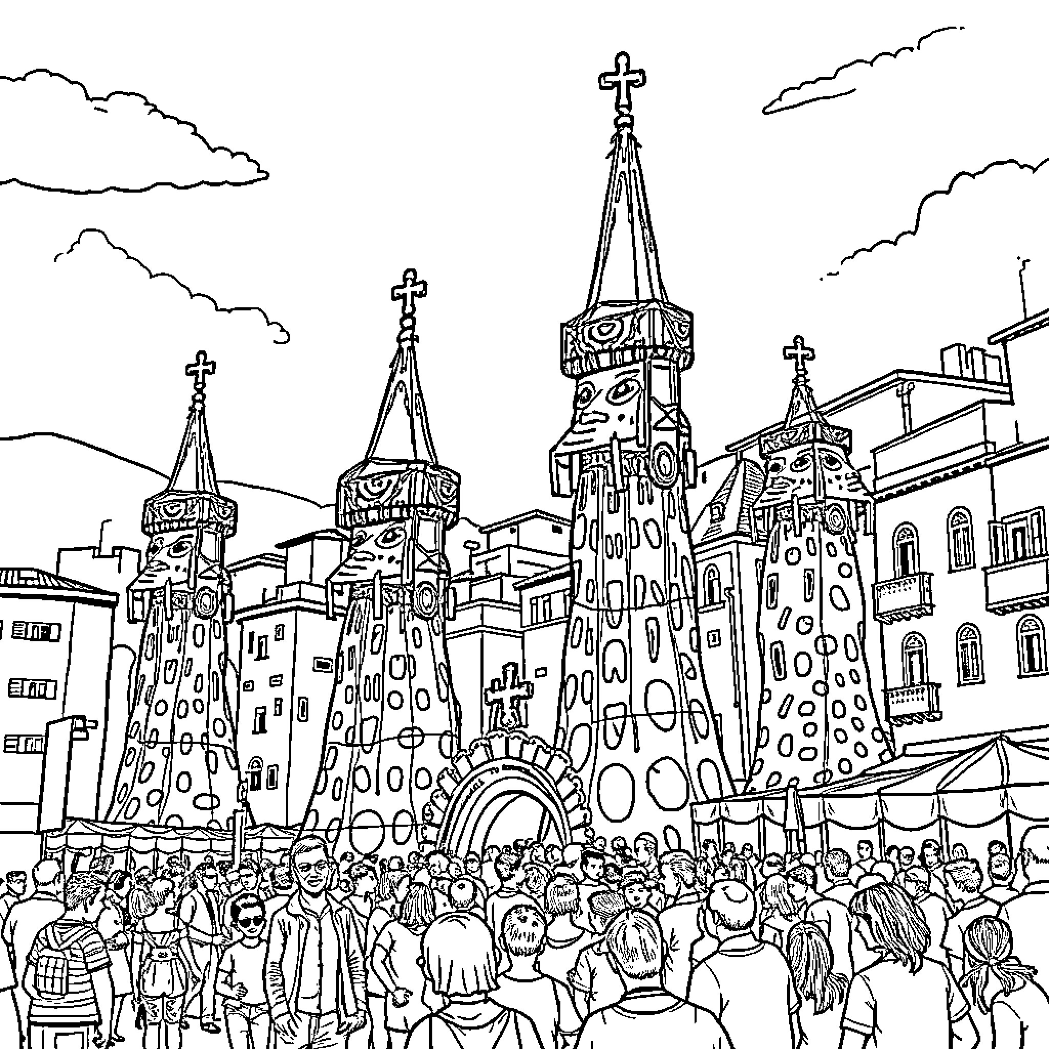 Giant Crowd Gathering at Historic Cathedral Coloring Page (free black-and-white line drawing printable PDF for all, from beginners to advanced learners, including children, teens, adults, and seniors)