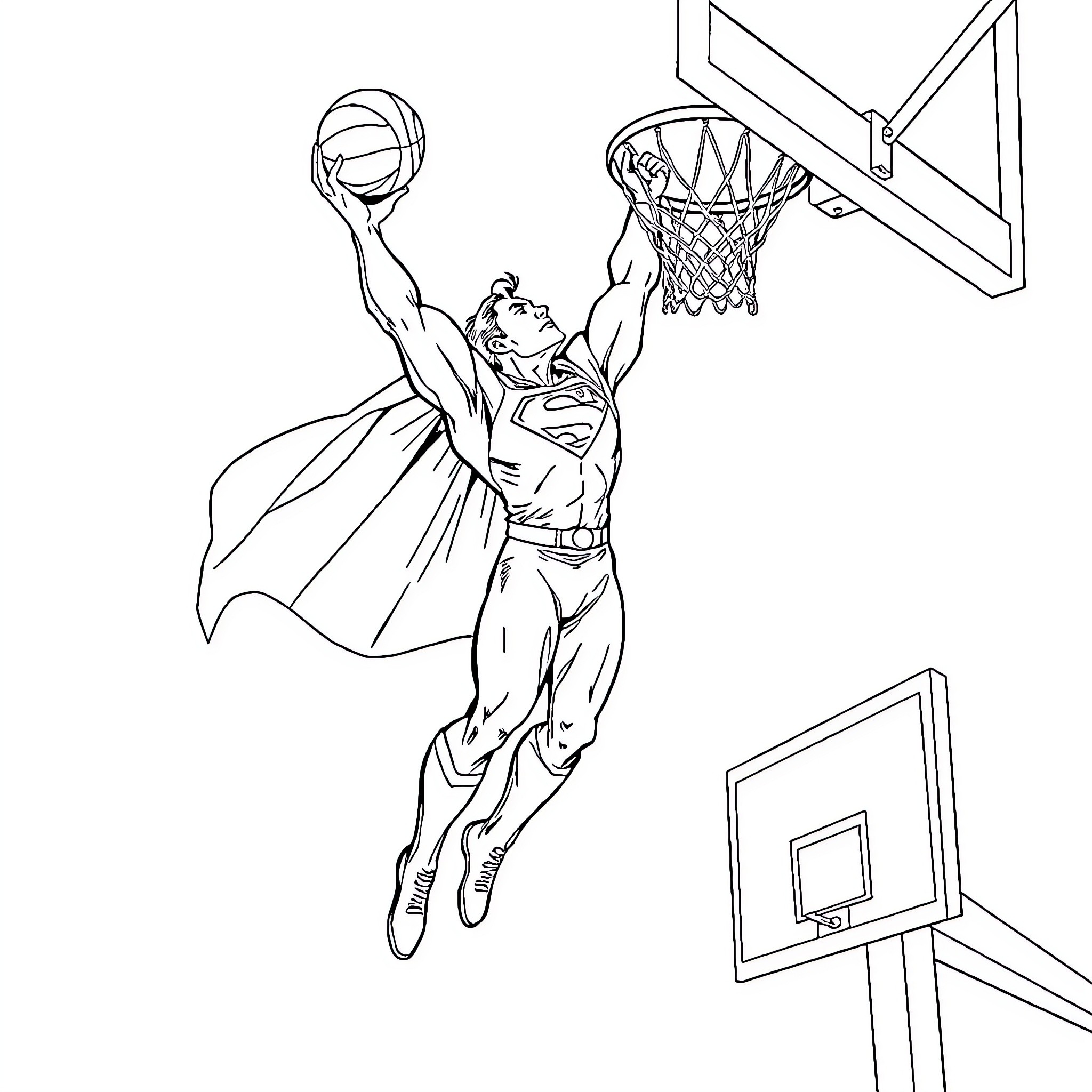 Superman Dunking a Basketball on the Basketball Court Coloring Page (free black-and-white line drawing printable PDF for all, from beginners to advanced learners, including children, teens, adults, and seniors)