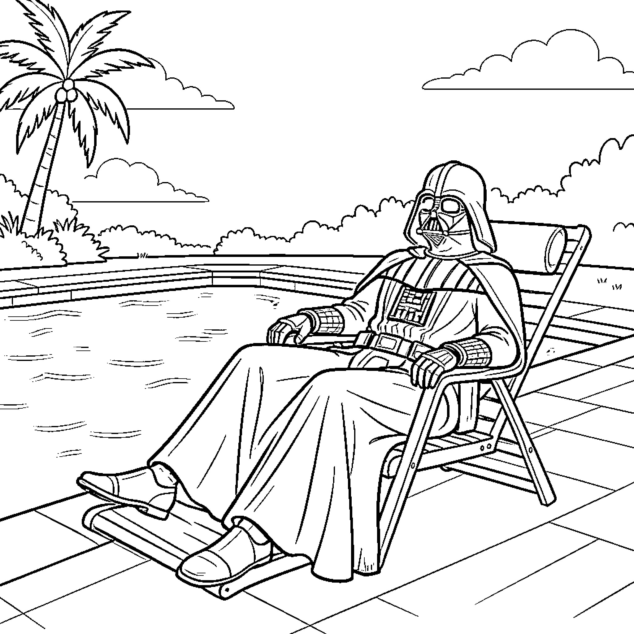 Darth Vader relaxing on a beach chair Coloring Page (free black-and-white line drawing printable PDF for all, from beginners to advanced learners, including children, teens, adults, and seniors)