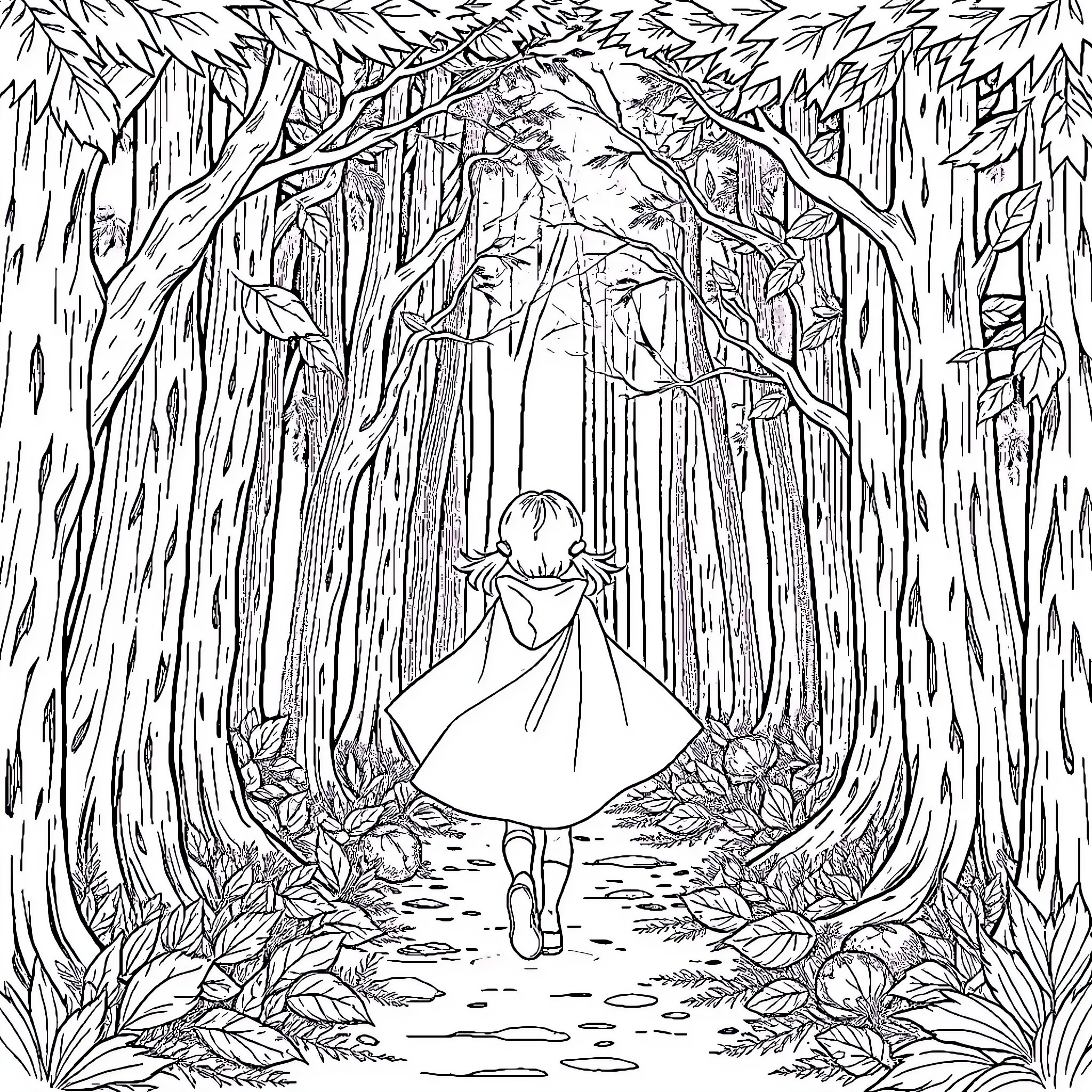 Little Red Riding Hood exploring the enchanted forest Coloring Page (free black-and-white line drawing printable PDF for all, from beginners to advanced learners, including children, teens, adults, and seniors)