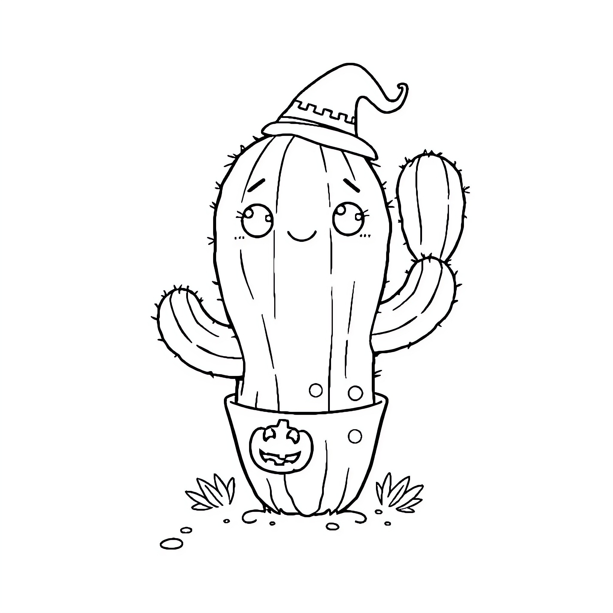 Cactus wearing a whimsical hat Coloring Page (free black-and-white line drawing printable PDF for all, from beginners to advanced learners, including children, teens, adults, and seniors)