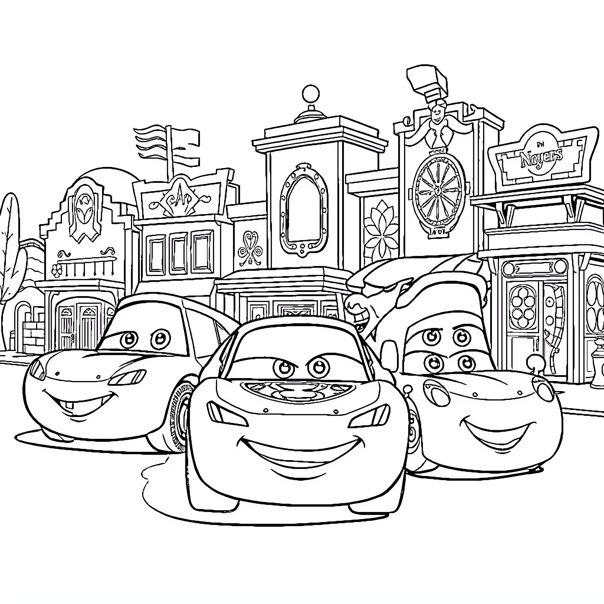 Flash McQueen and friends in a colorful town Coloring Page (free black-and-white line drawing printable PDF for all, from beginners to advanced learners, including children, teens, adults, and seniors)