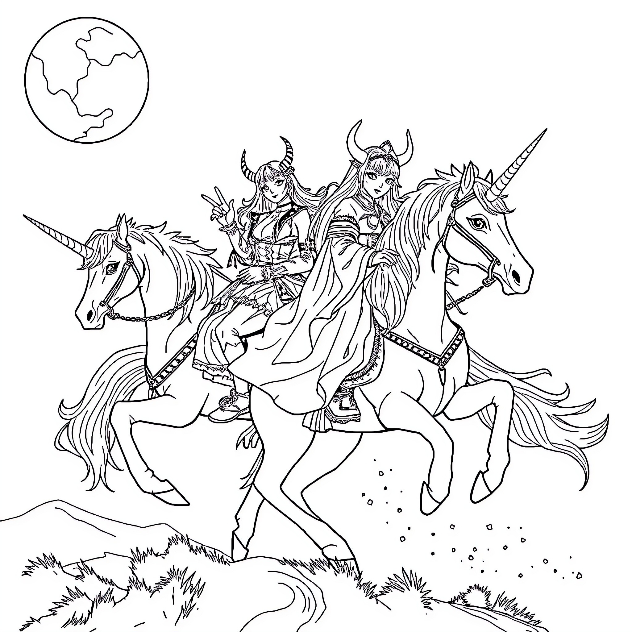 Demon Hunters on Fantastical Steeds Coloring Page (free black-and-white line drawing printable PDF for all, from beginners to advanced learners, including children, teens, adults, and seniors)
