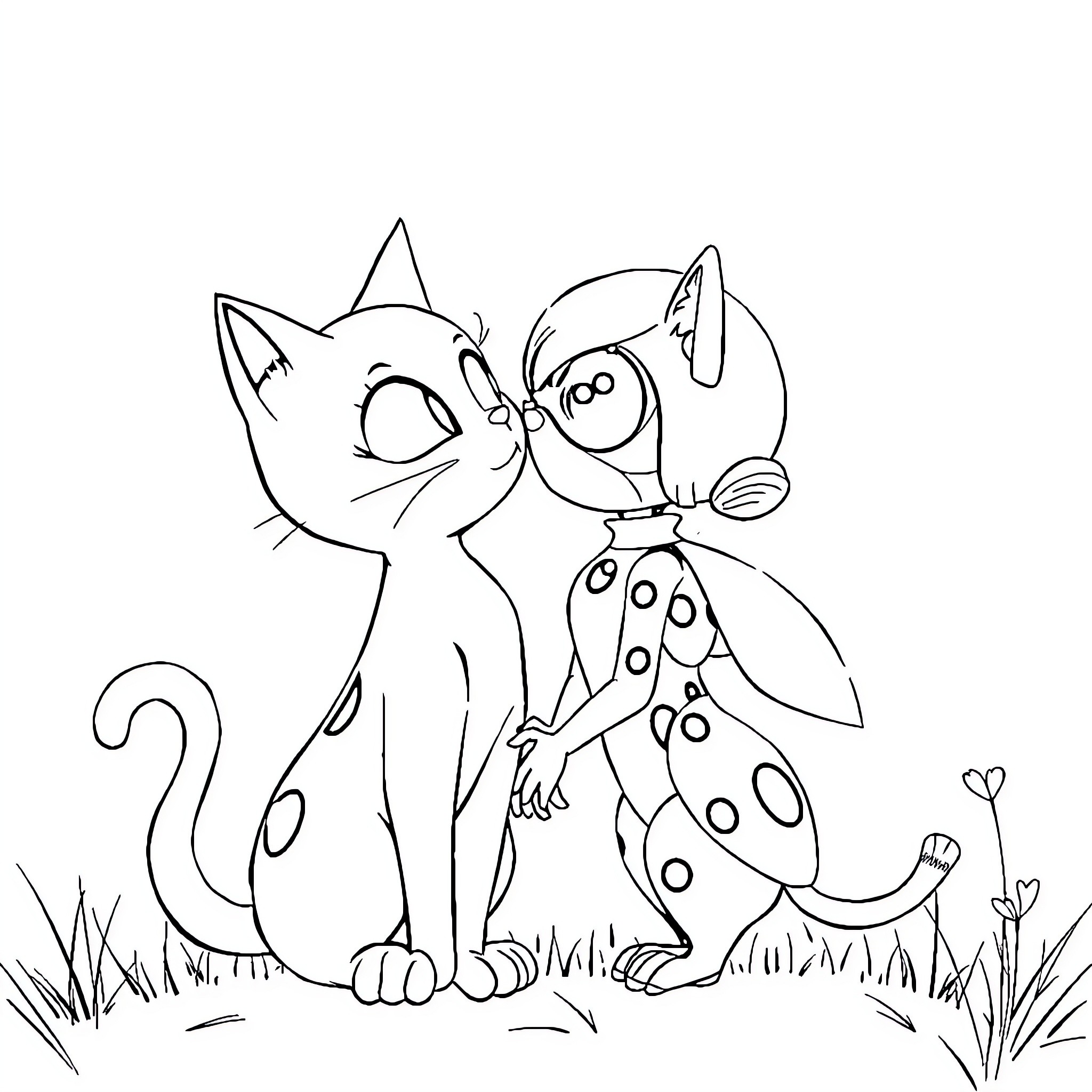 Chat Noir meets a Spotted Friend in Nature Coloring Page (free black-and-white line drawing printable PDF for all, from beginners to advanced learners, including children, teens, adults, and seniors)