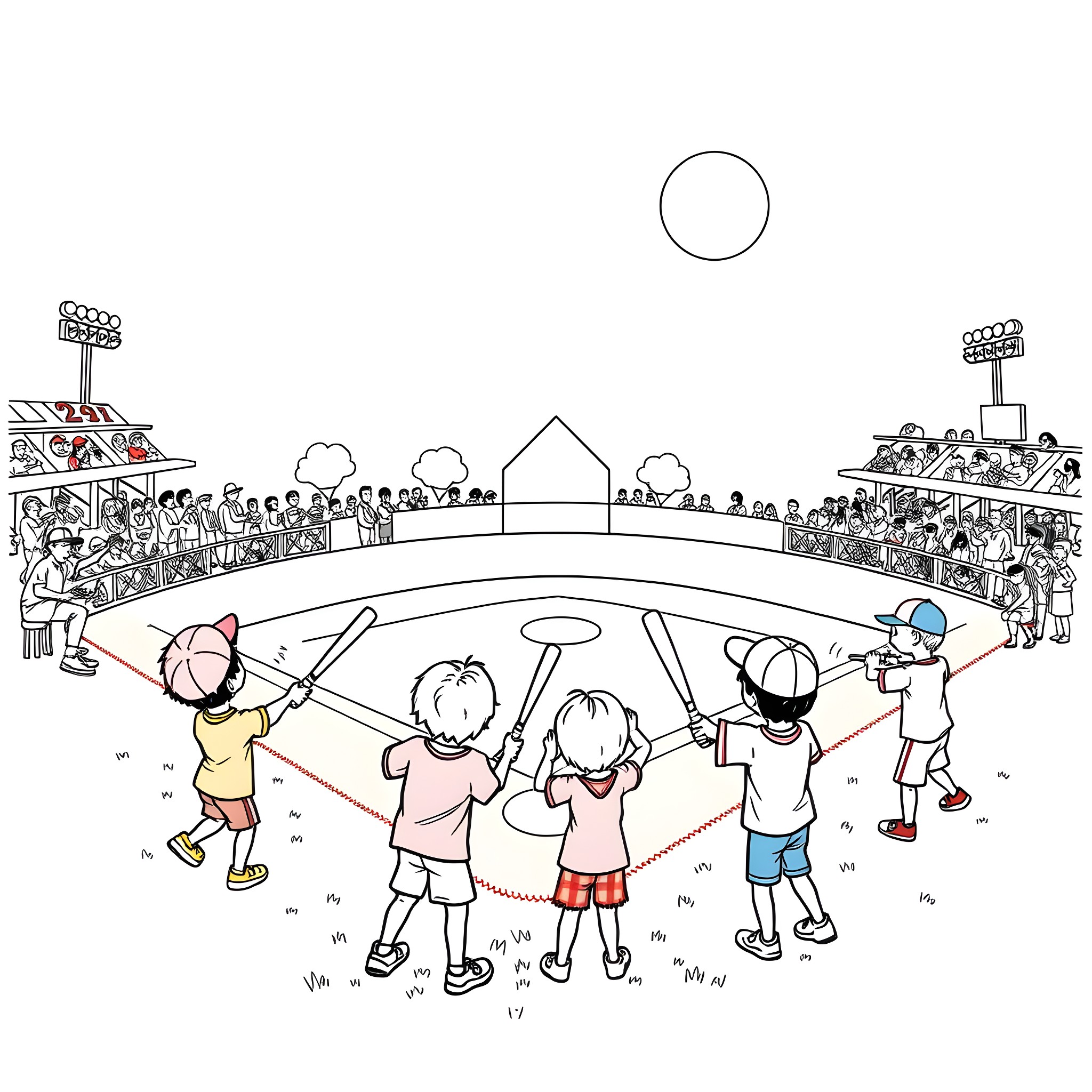 Baseball players practicing on the field Coloring Page (free black-and-white line drawing printable PDF for all, from beginners to advanced learners, including children, teens, adults, and seniors)