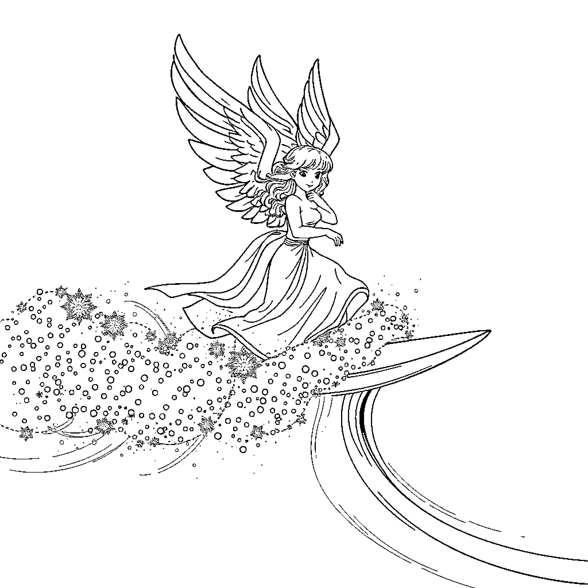 Angel spreading joy with winged dance Coloring Page (free black-and-white line drawing printable PDF for all, from beginners to advanced learners, including children, teens, adults, and seniors)