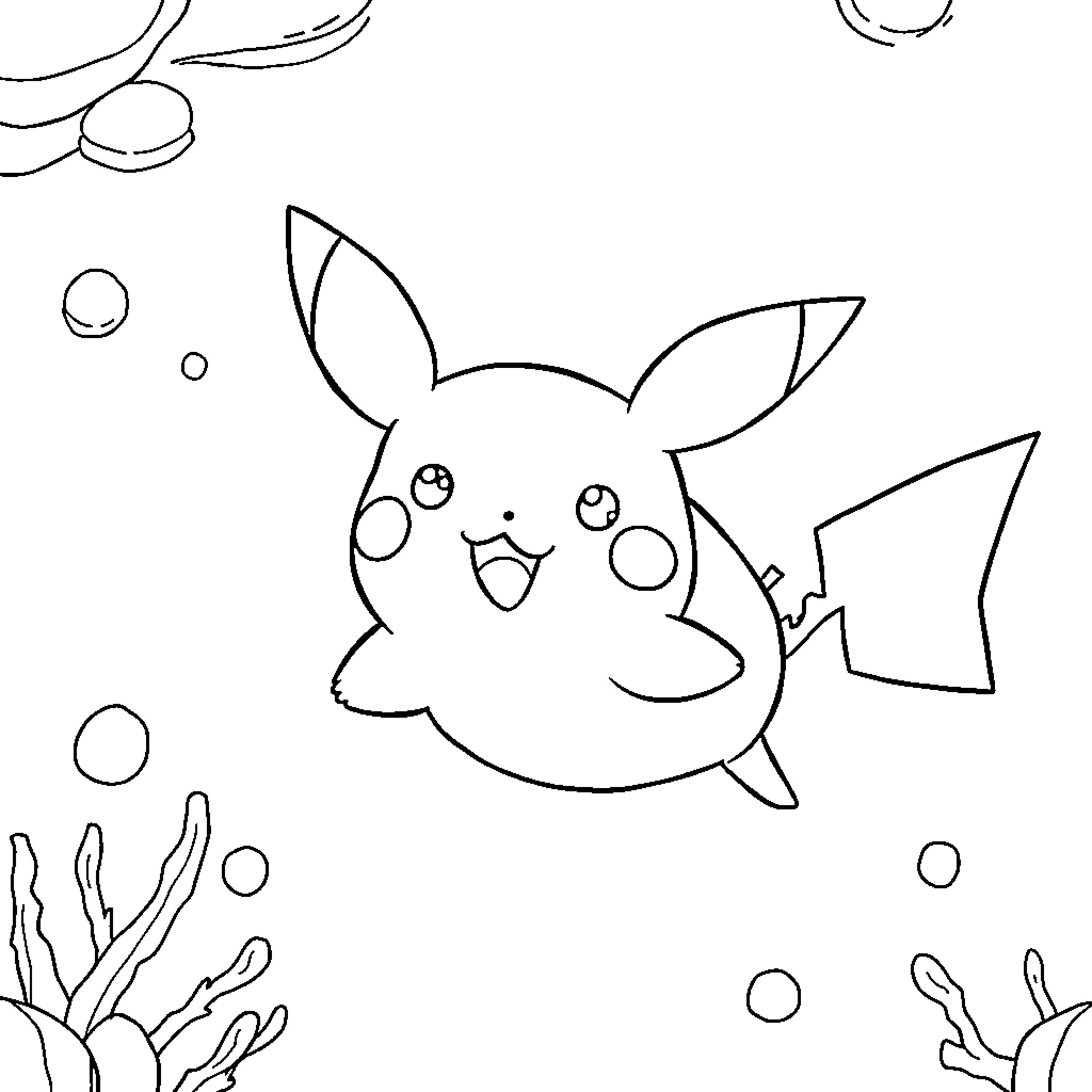 Snorkachu playing in the ocean Coloring Page (free black-and-white line drawing printable PDF for all, from beginners to advanced learners, including children, teens, adults, and seniors)