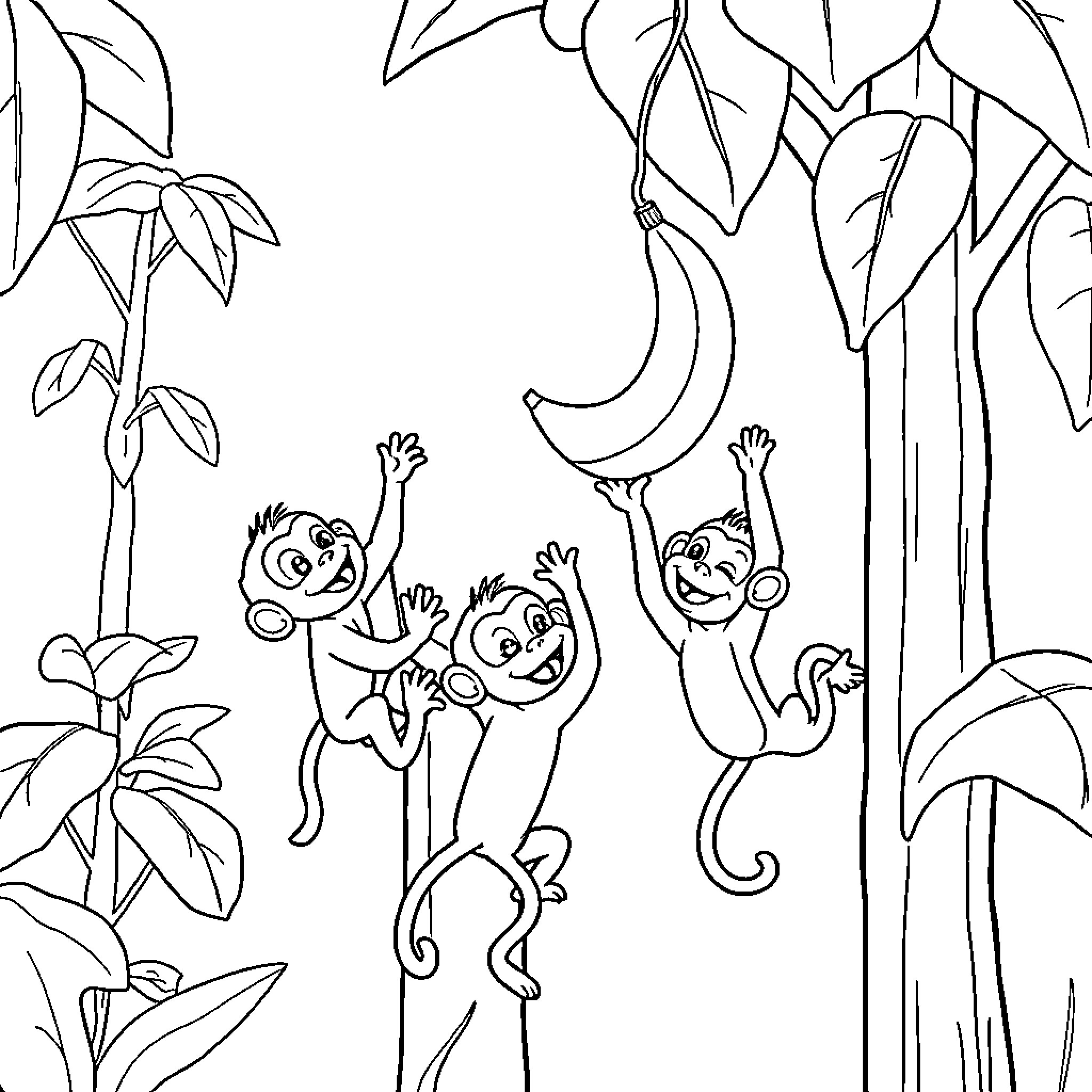 Monkey playing joyfully in the jungle Coloring Page (free black-and-white line drawing printable PDF for all, from beginners to advanced learners, including children, teens, adults, and seniors)