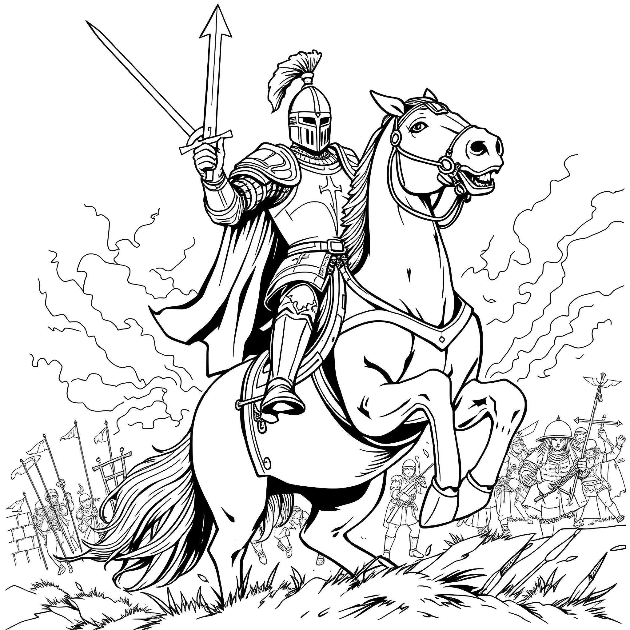 Knight Leading Soldiers on Horseback to Battle Coloring Page (free black-and-white line drawing printable PDF for all, from beginners to advanced learners, including children, teens, adults, and seniors)