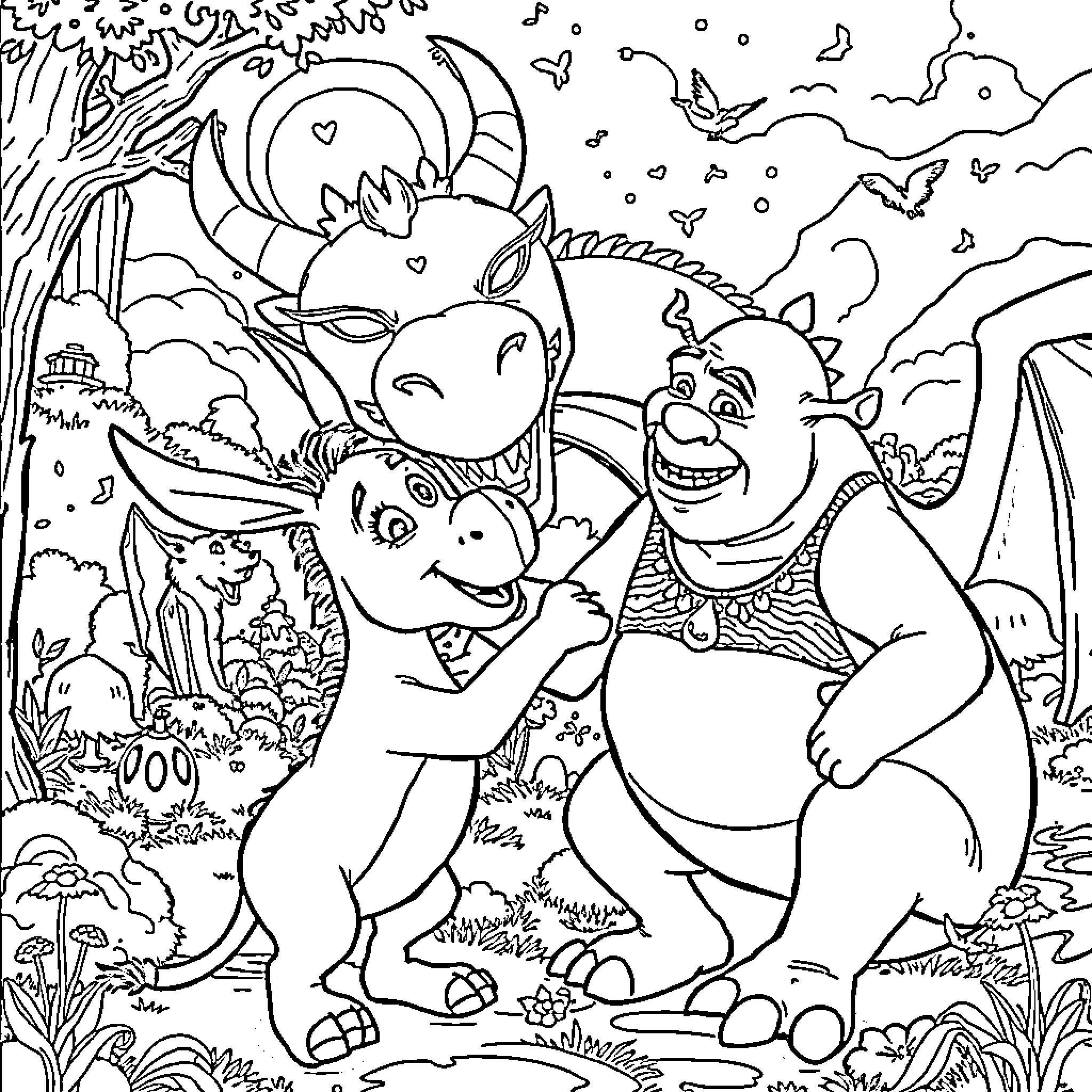 Donkey and friends in a whimsical fantasy landscape Coloring Page (free black-and-white line drawing printable PDF for all, from beginners to advanced learners, including children, teens, adults, and seniors)