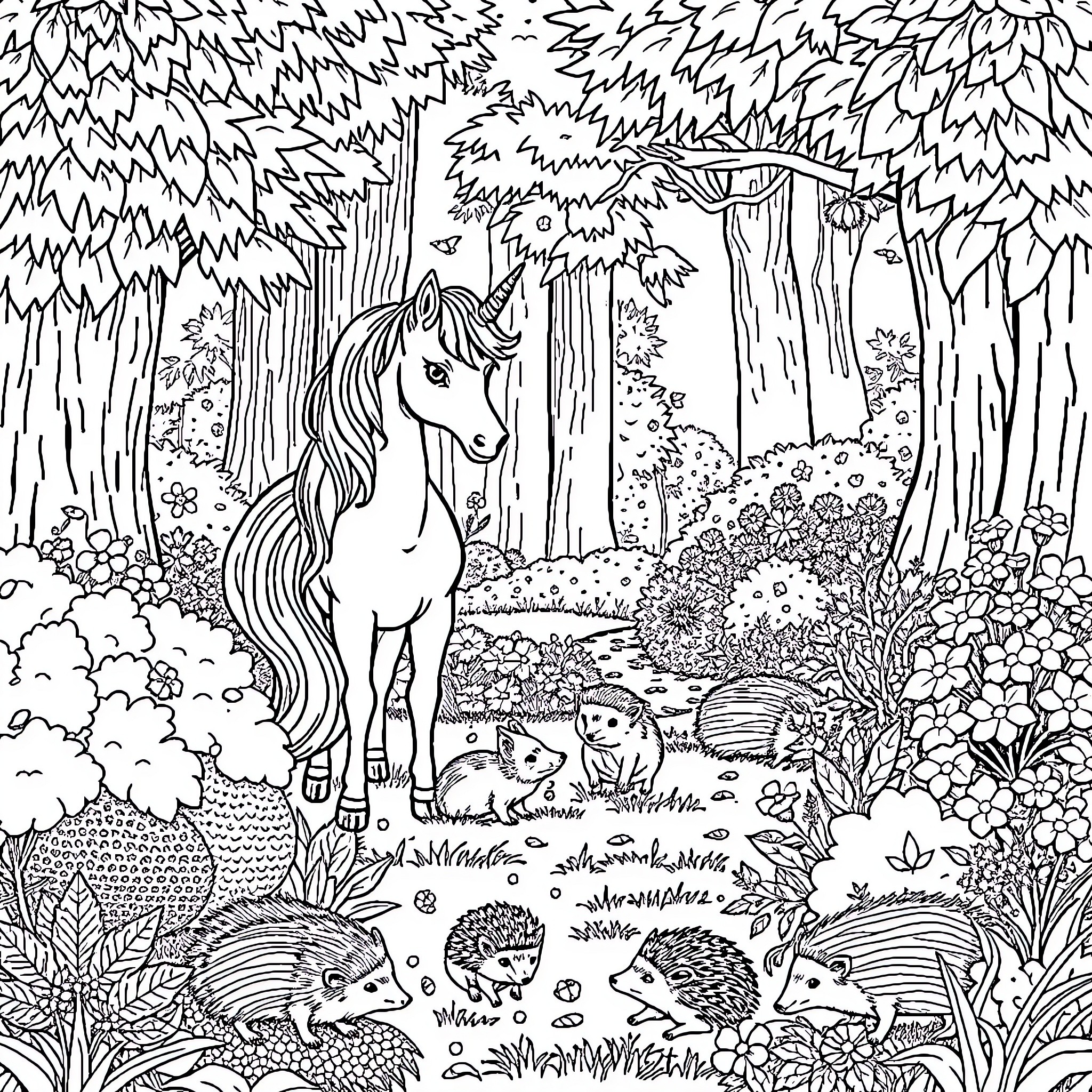 Unicorn in enchanting forest with woodland creatures Coloring Page (free black-and-white line drawing printable PDF for all, from beginners to advanced learners, including children, teens, adults, and seniors)