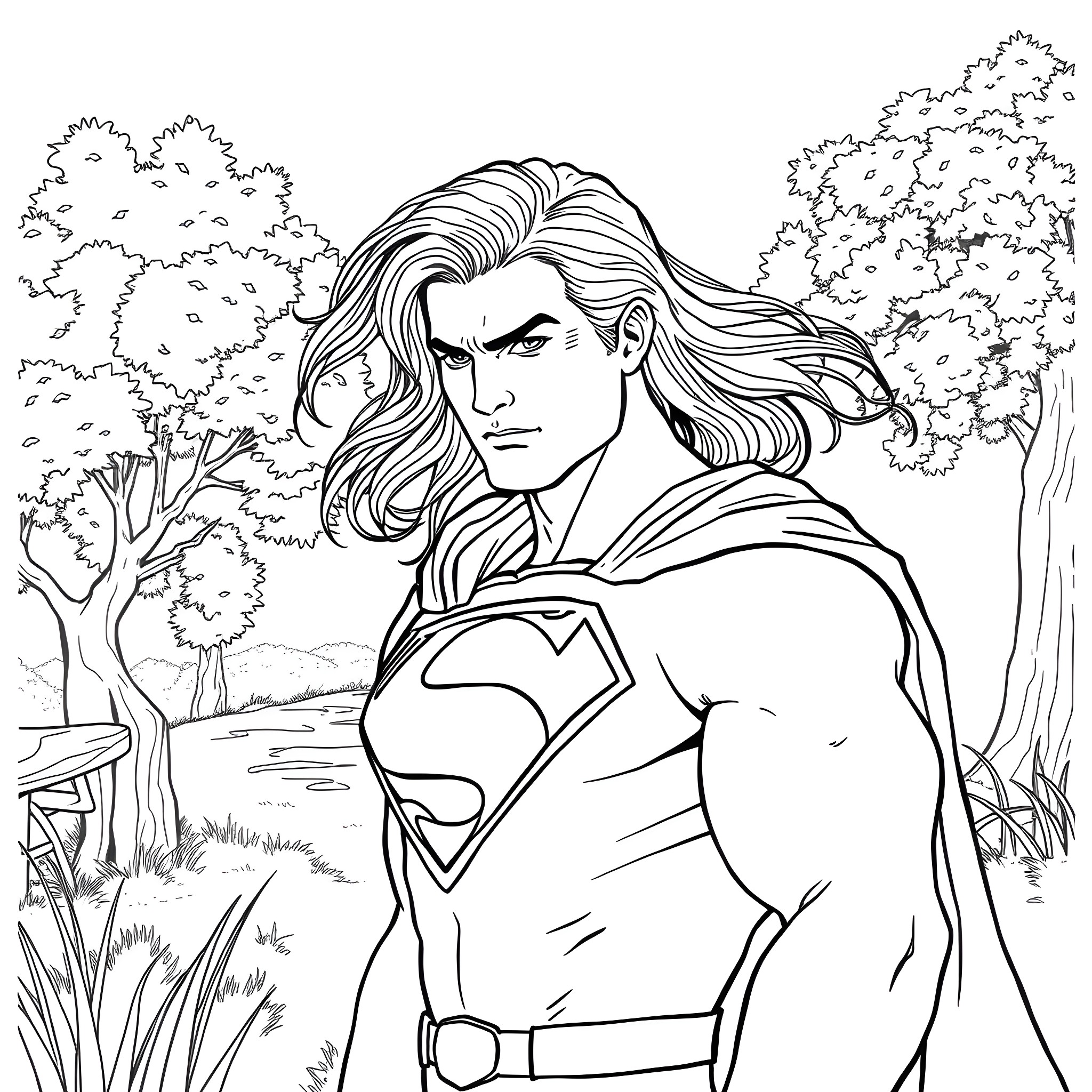 Superman in action-packed outdoor scene Coloring Page (free black-and-white line drawing printable PDF for all, from beginners to advanced learners, including children, teens, adults, and seniors)